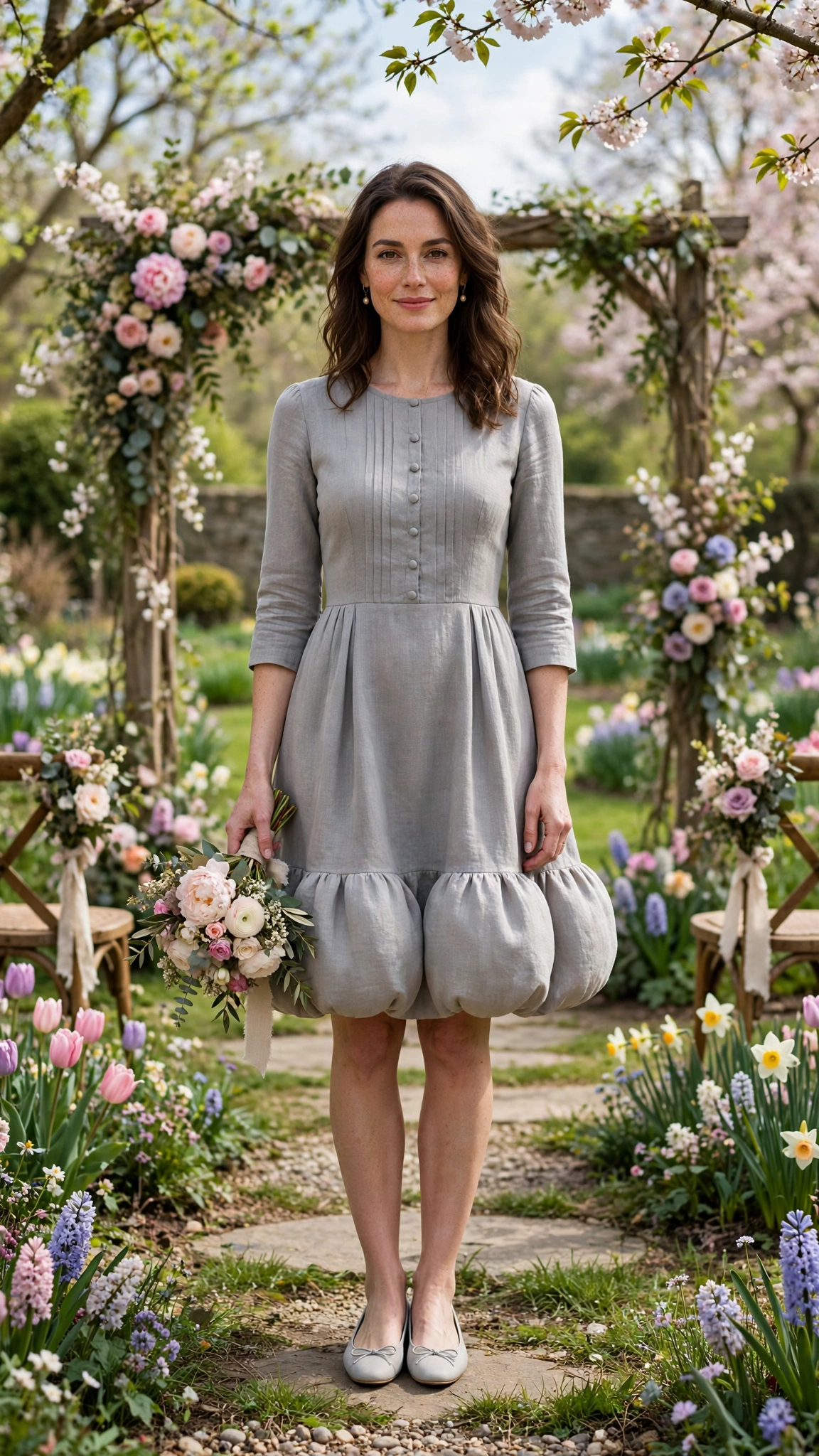 Soft Grey Bubble Hem Dress Outfit with a three-quarter sleeve bodice and ballet flats