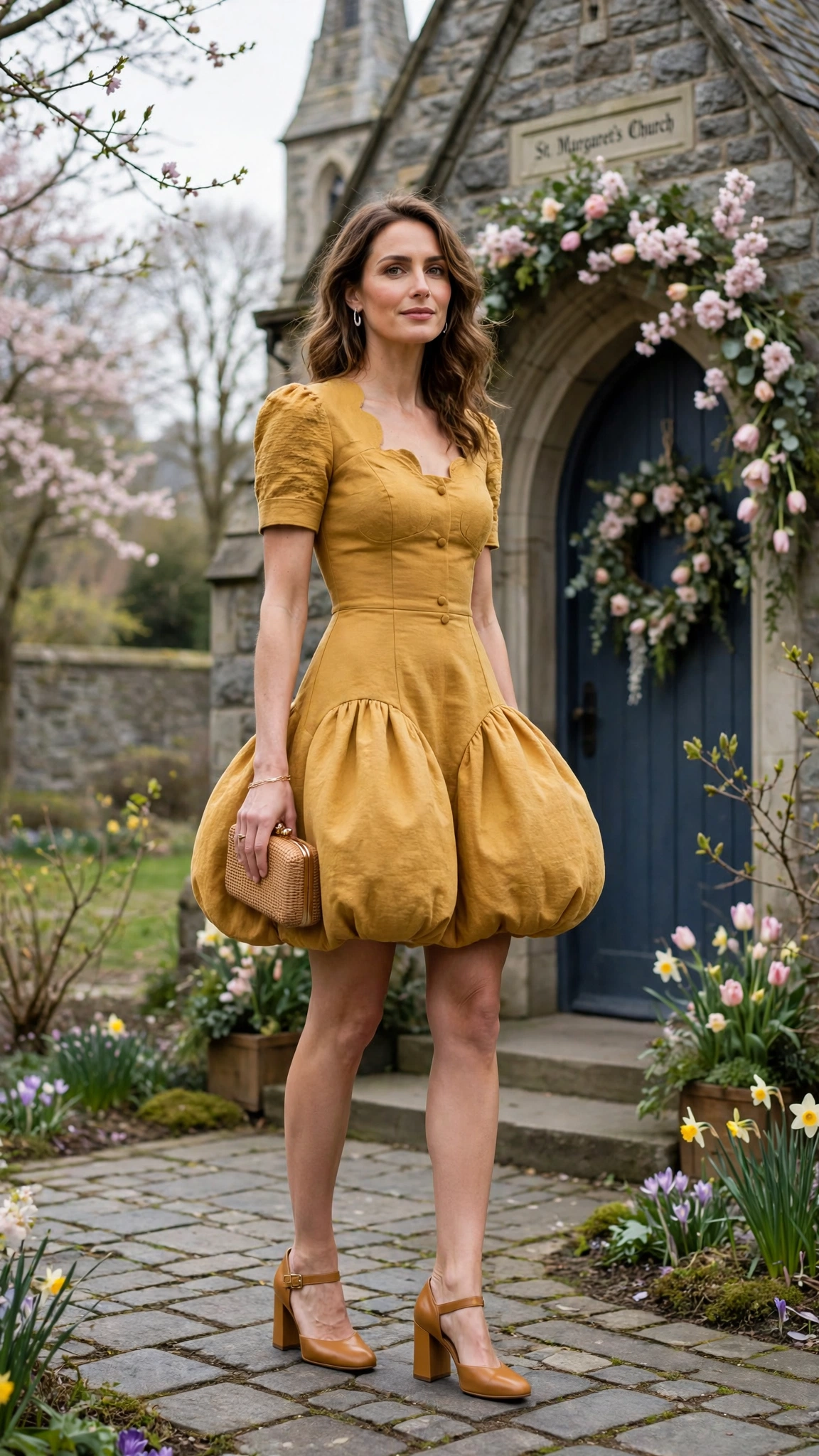 Mustard Bubble Hem Dress Outfit with a fitted bodice and block heels