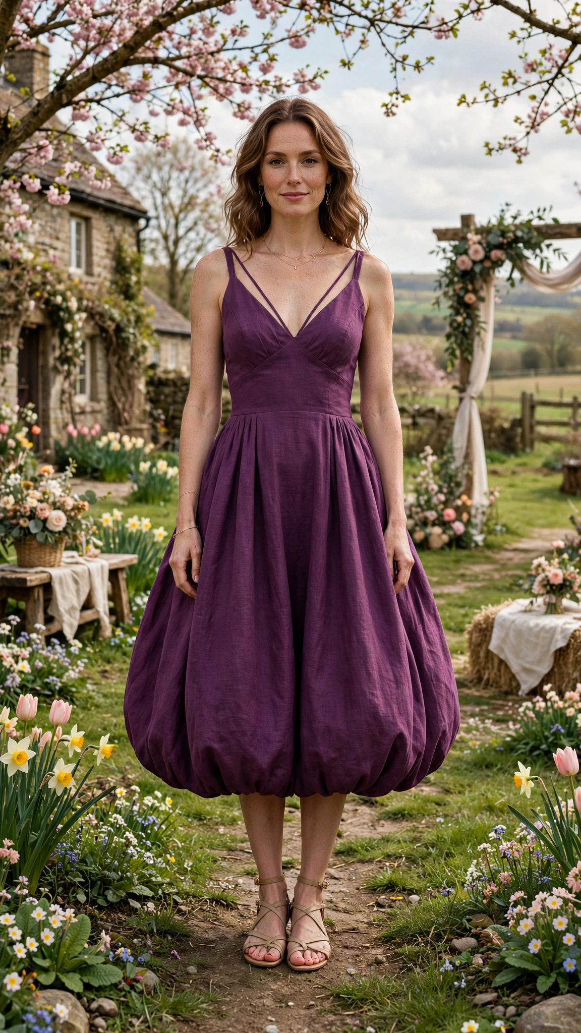 Plum Bubble Hem Dress Outfit with a V-neck bodice and strappy sandals