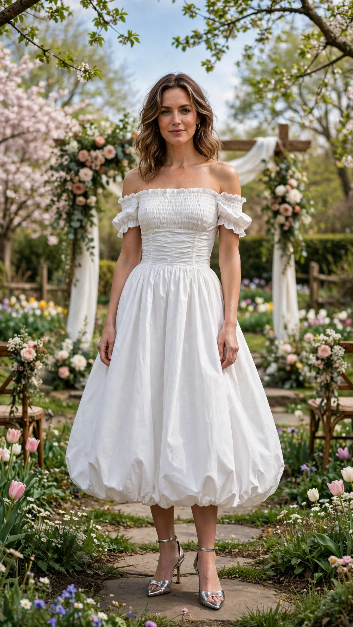 White Bubble Hem Dress Outfit with an off-shoulder bodice and metallic heels