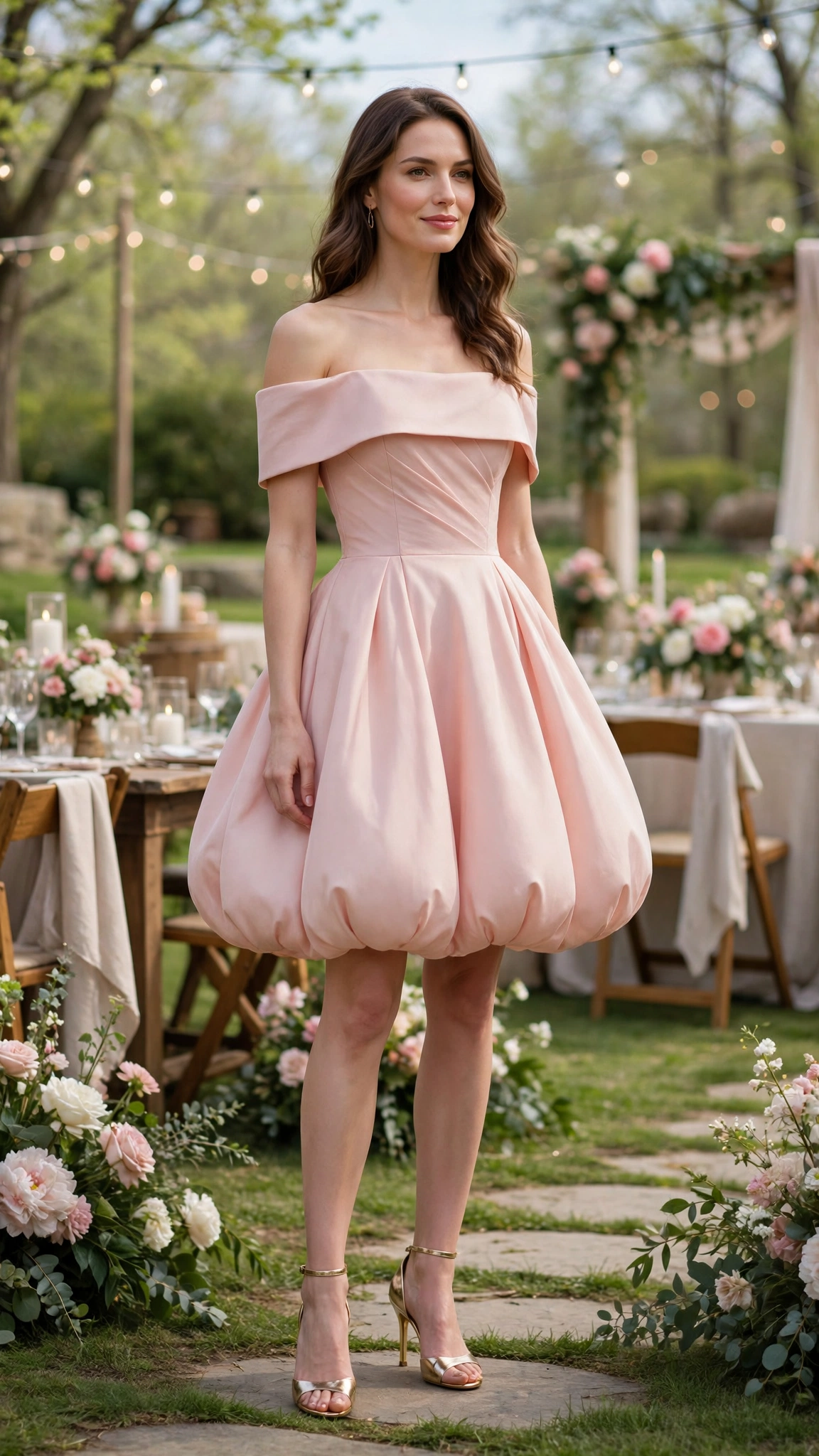 Blush Pink Bubble Hem Dress Outfit with an off-shoulder bodice and metallic heels