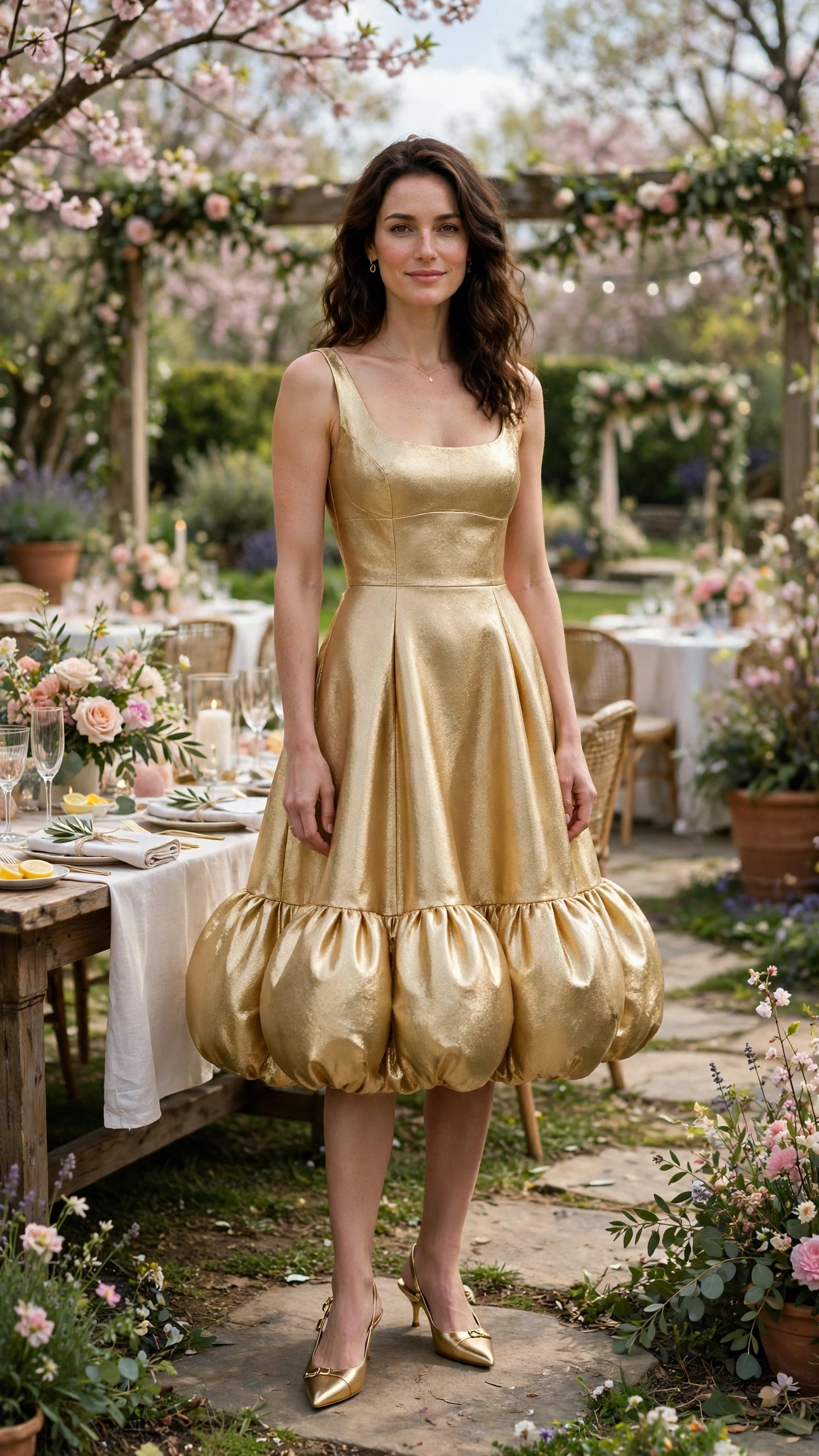 Gold Bubble Hem Dress Outfit with a sleeveless bodice and slingbacks