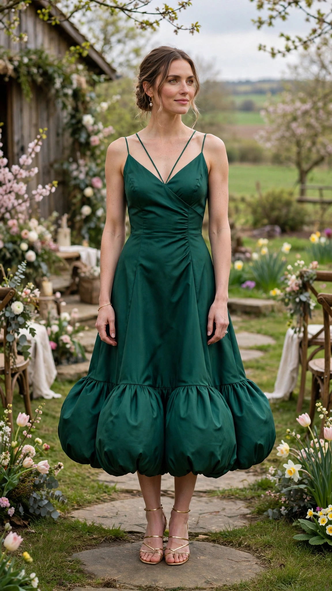 Emerald Bubble Hem Dress Outfit with a V-neck bodice and strappy sandals
