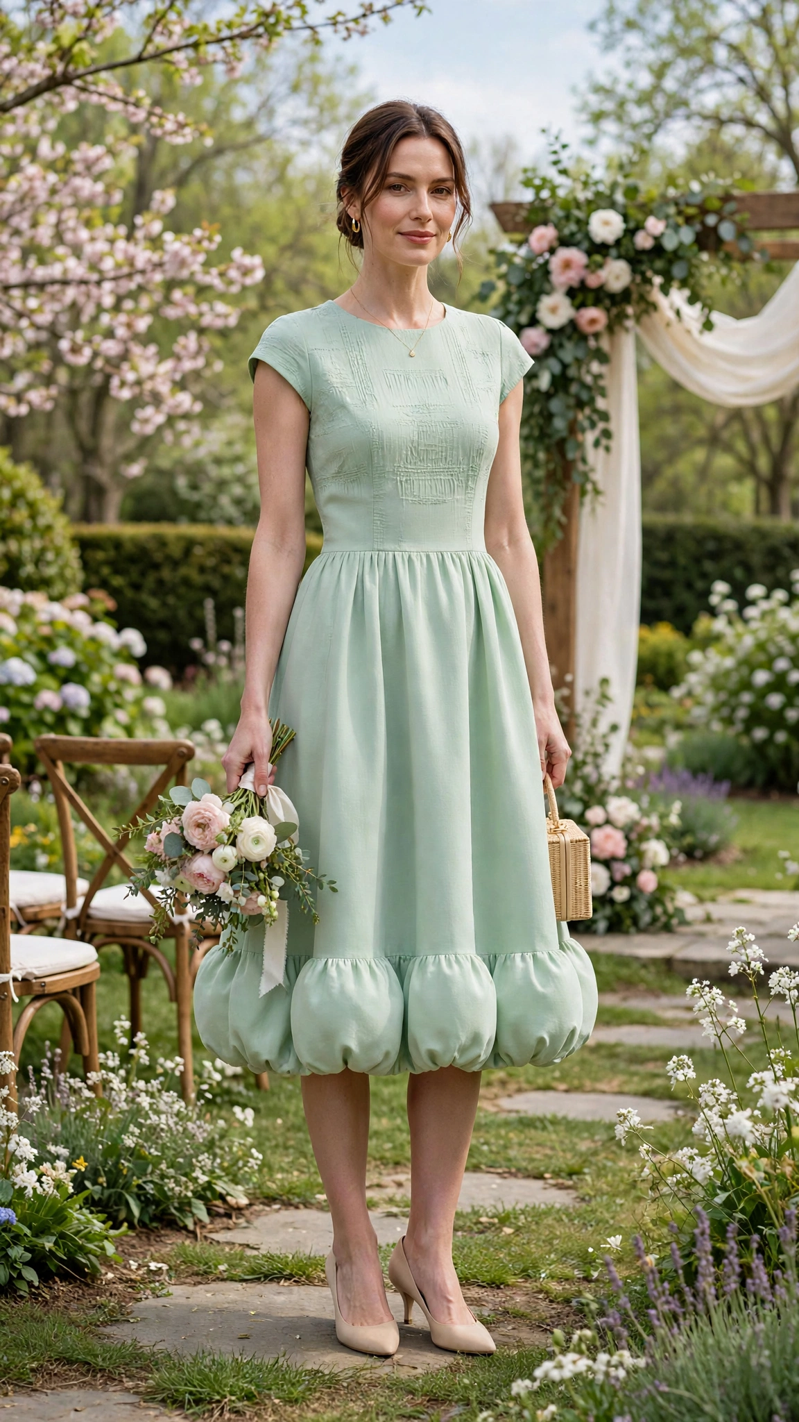 Mint Bubble Hem Dress Outfit with a cap-sleeve bodice and kitten heels