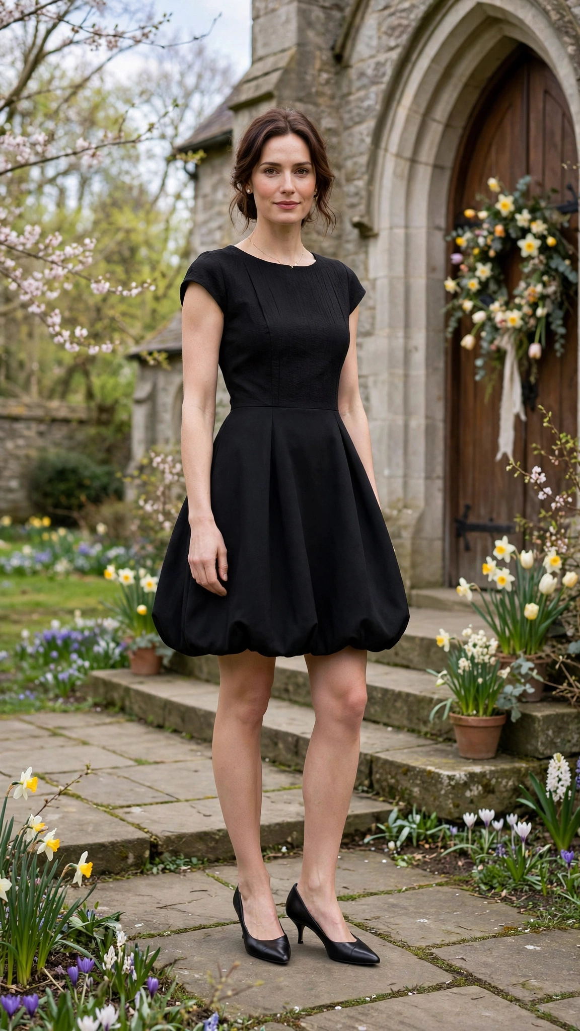 Black Bubble Hem Dress Outfit with a cap-sleeve bodice and kitten heels