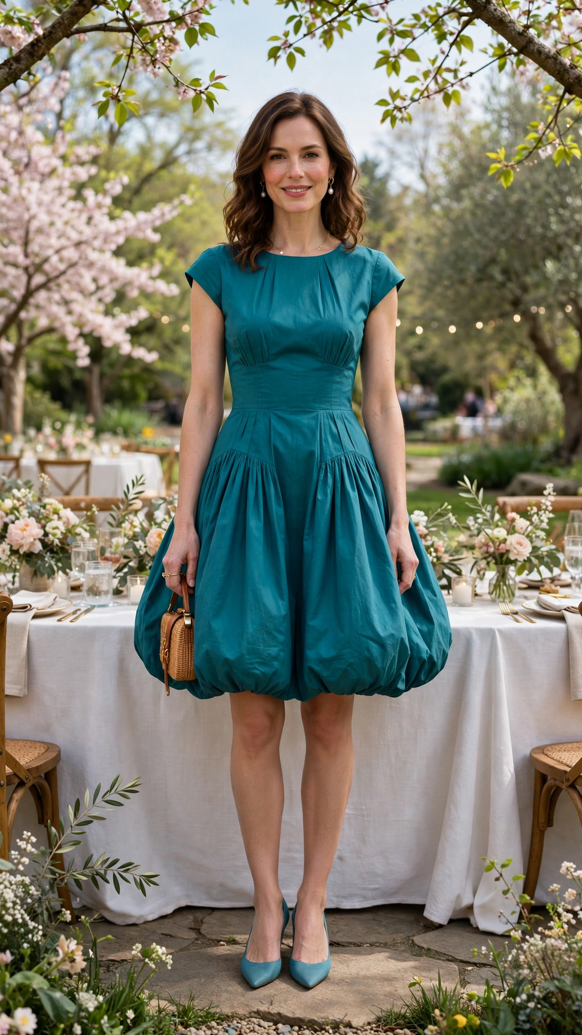 Teal Bubble Hem Dress Outfit with a cap-sleeve bodice and kitten heels