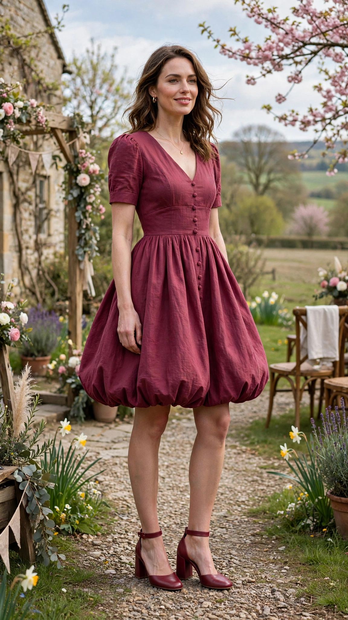 Berry Bubble Hem Dress Outfit with a fitted bodice and block heels