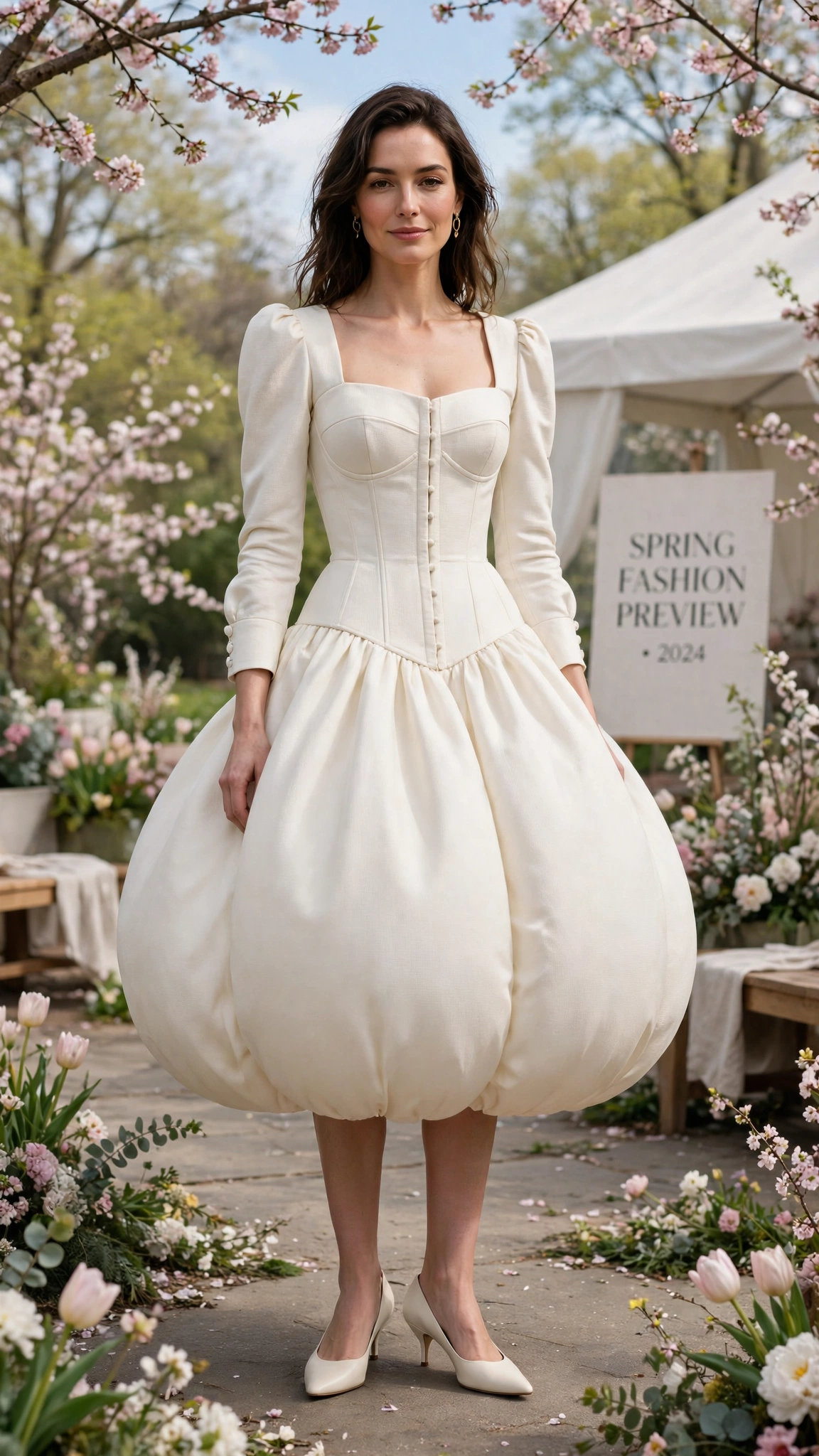 Ivory Bubble Shape Outfit with a structured bodice and kitten heels