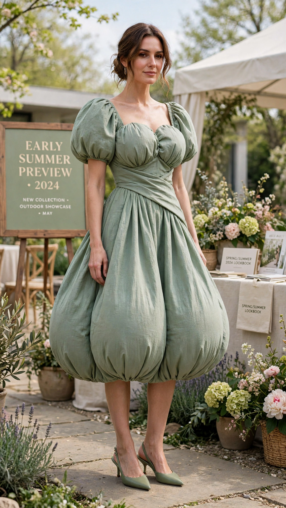 Sage Green Bubble Shape Outfit with a balloon bodice and slingbacks
