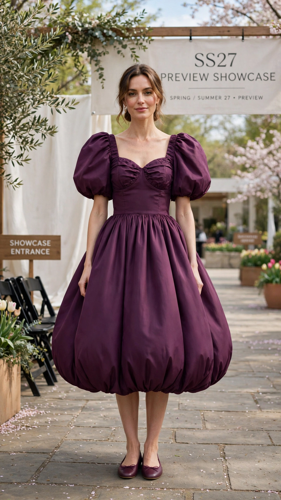 Plum Bubble Shape Outfit with a puffed bodice and ballet flats