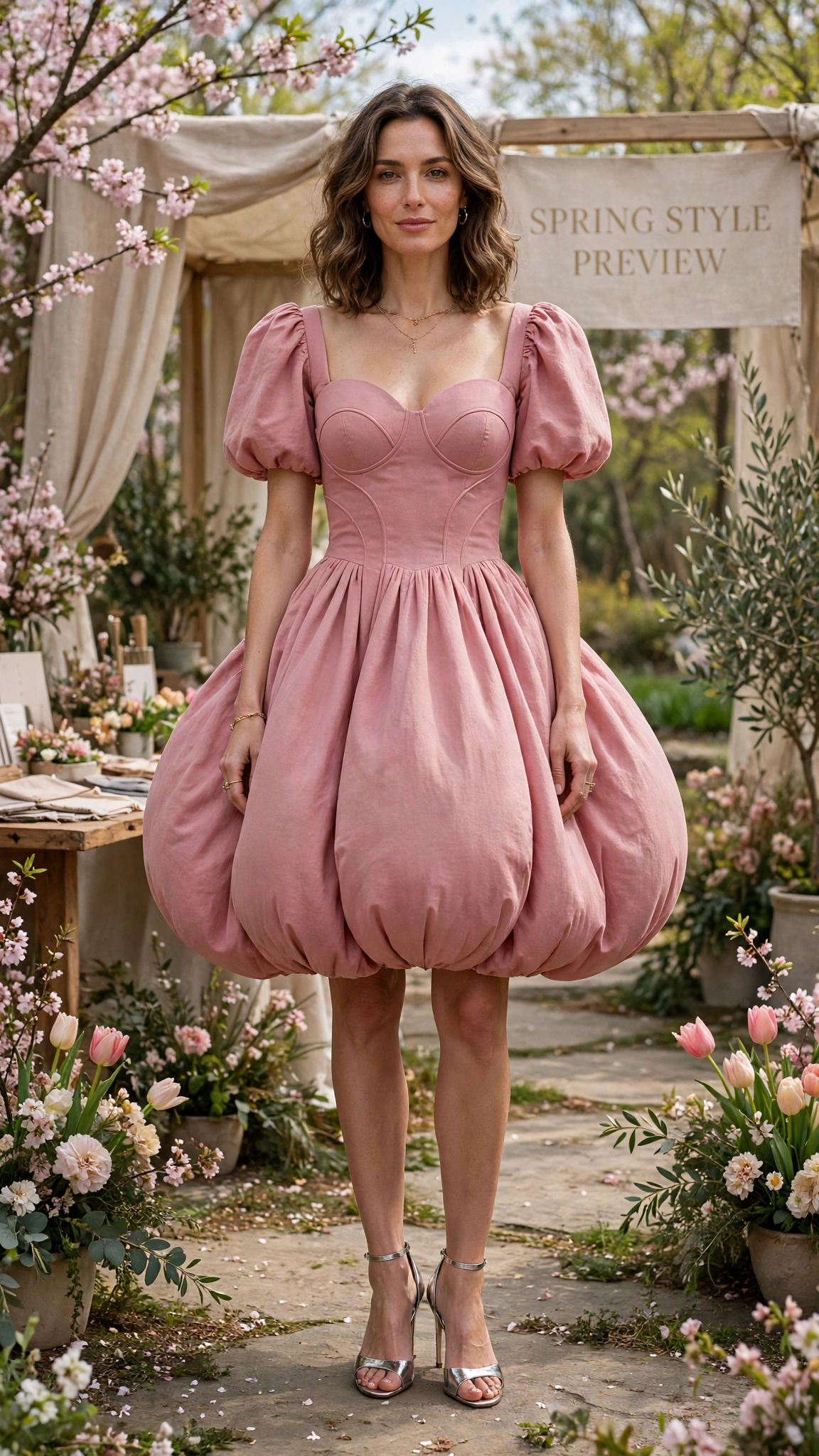 Dusty Rose Bubble Shape Outfit with a curved bodice and metallic heels