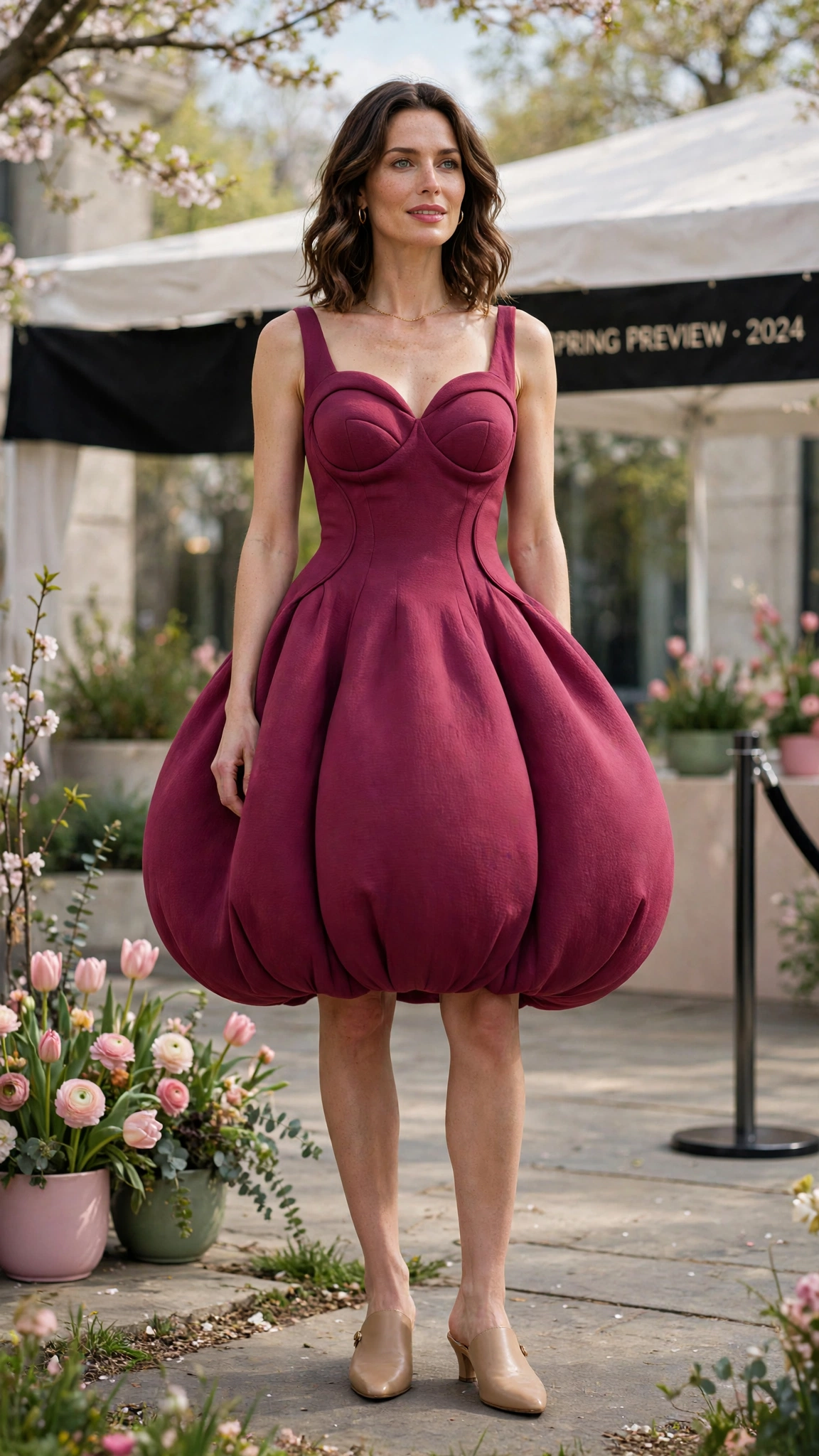 Berry Bubble Shape Outfit with a soft sculpted bodice and mules