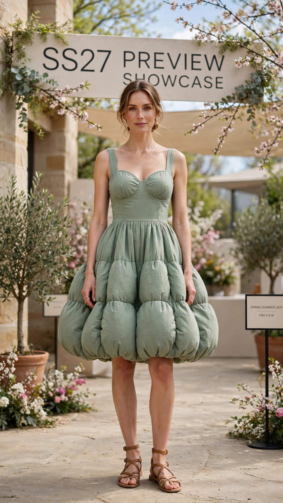 Sage Green Bubble Shape Outfit with a rounded bodice and strappy sandals