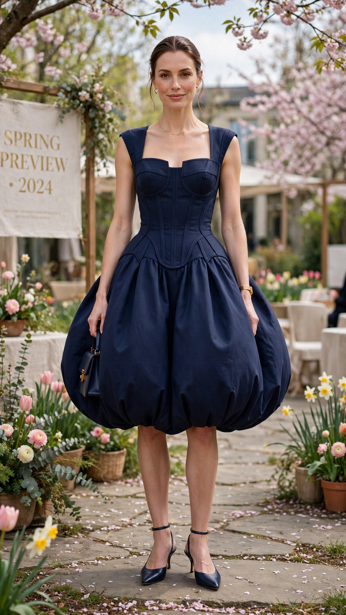 Navy Bubble Shape Outfit with a structured bodice and kitten heels