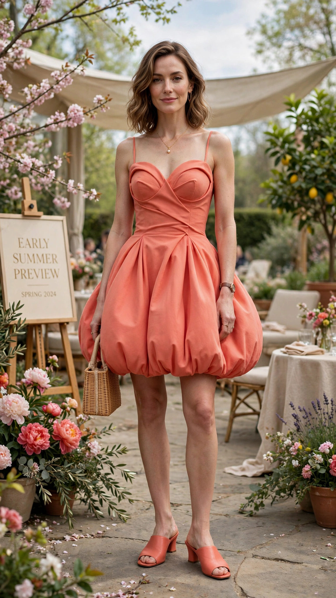 Coral Bubble Shape Outfit with a soft sculpted bodice and mules