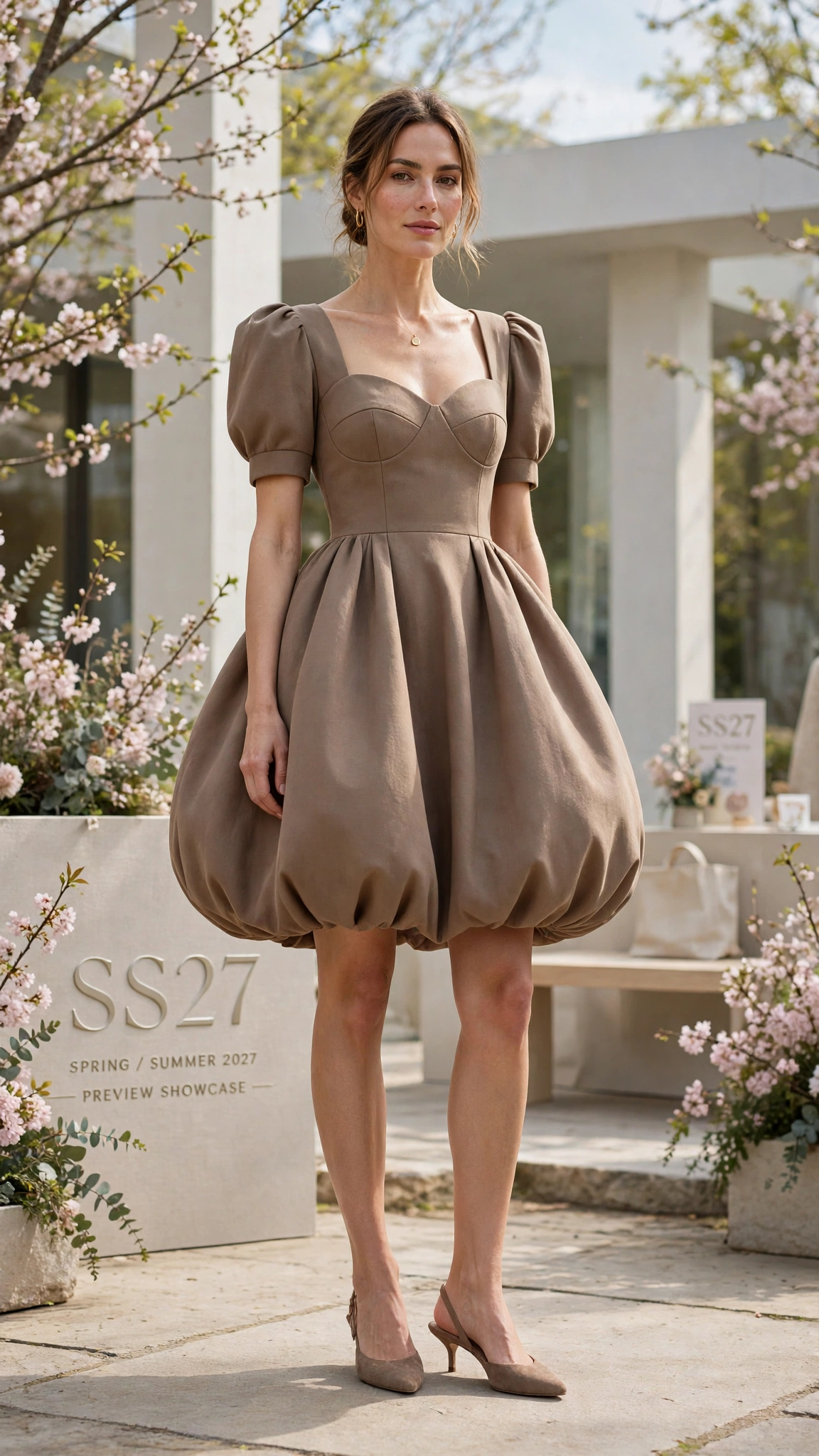 Warm Taupe Bubble Shape Outfit with a structured bodice and kitten heels