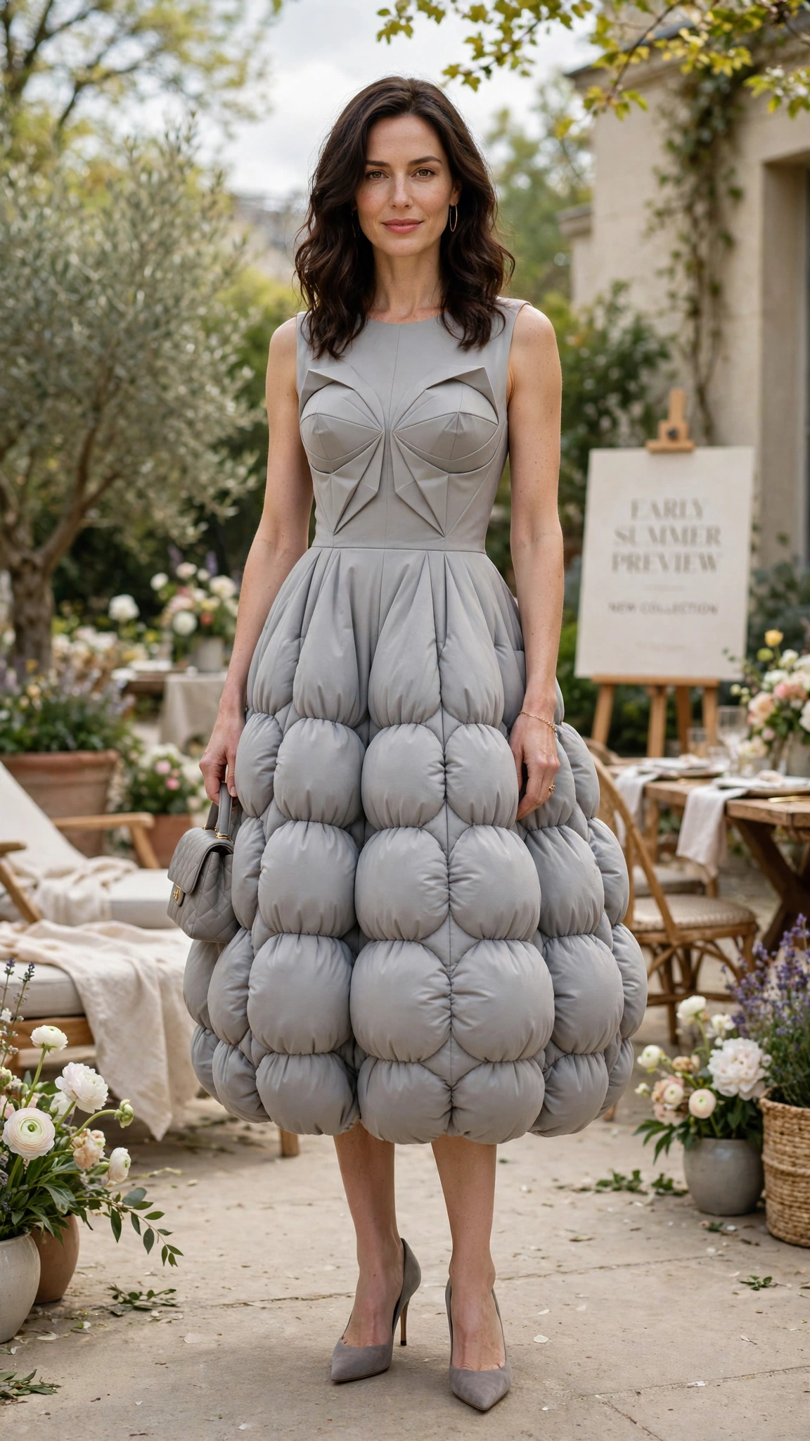 Soft Grey Bubble Shape Outfit with a sculpted bodice and pointed pumps