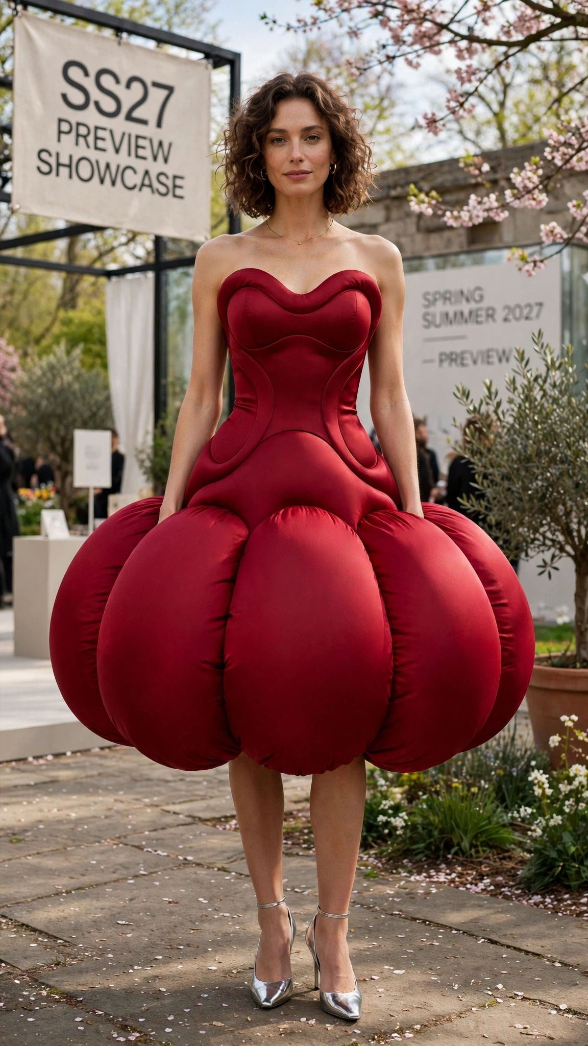 Deep Red Bubble Shape Outfit with a curved bodice and metallic heels