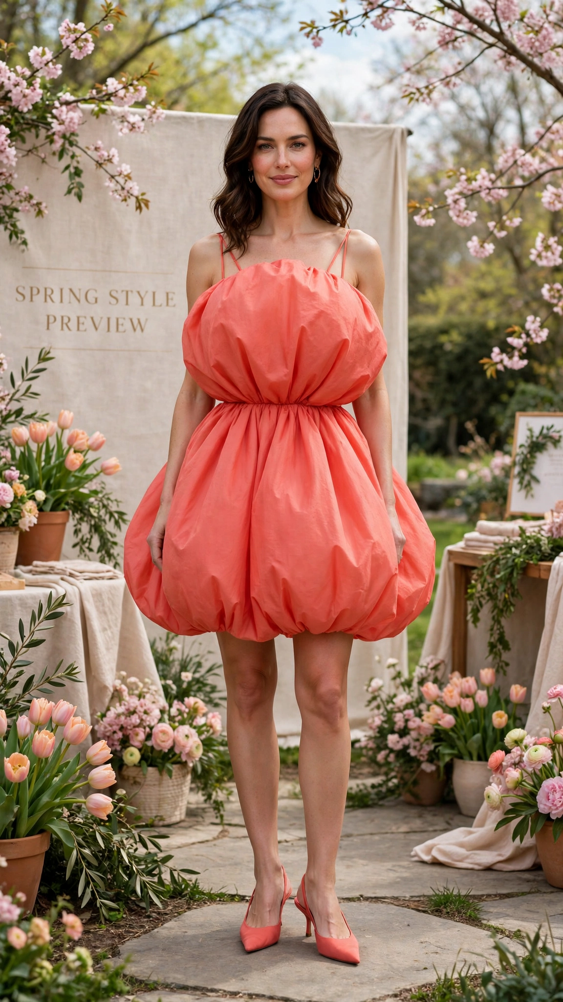 Coral Bubble Shape Outfit with a balloon bodice and slingbacks