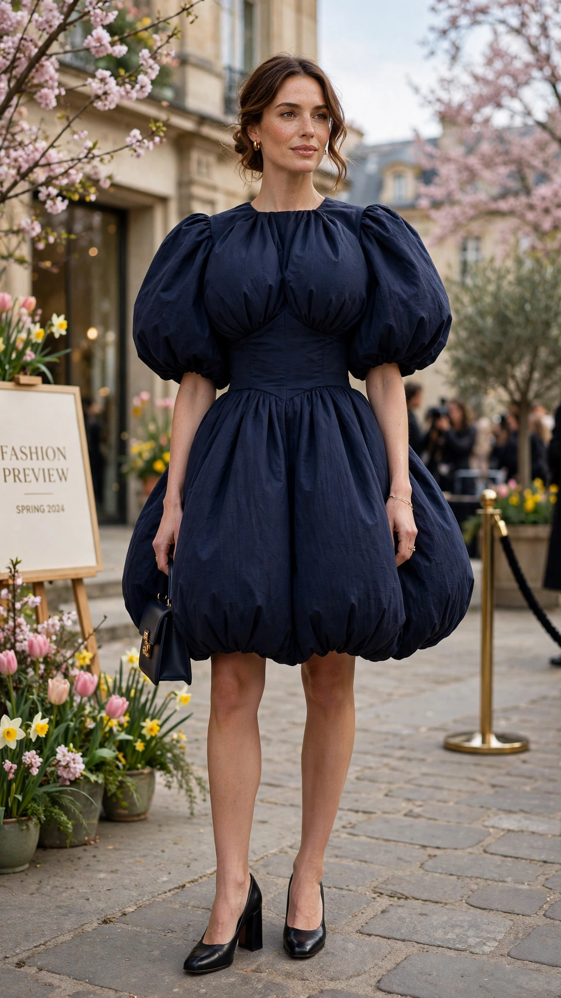 Navy Bubble Shape Outfit with a voluminous bodice and block heels