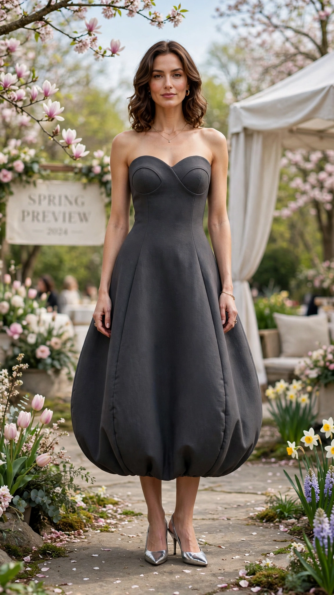 Charcoal Bubble Shape Outfit with a curved bodice and metallic heels