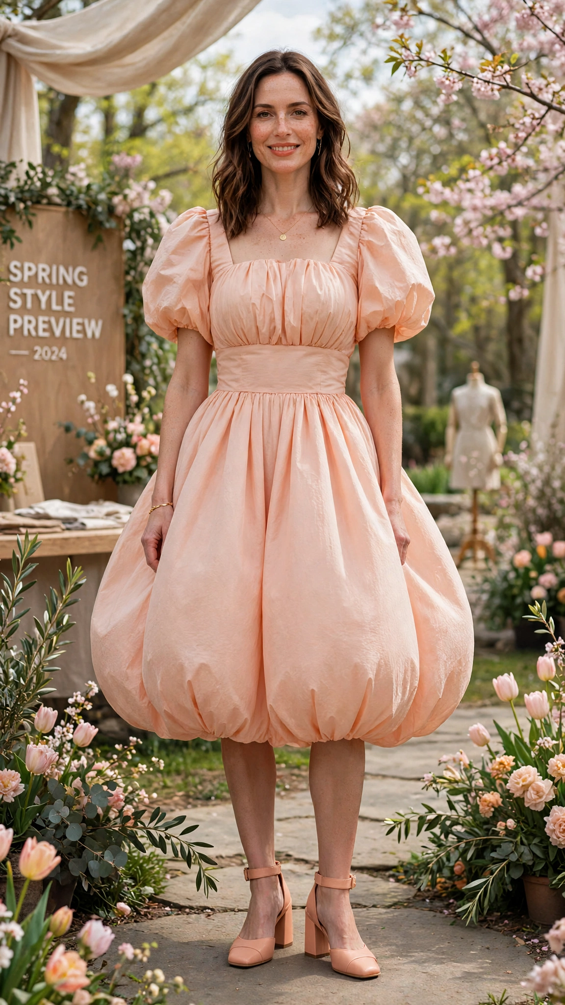 Peach Bubble Shape Outfit with a voluminous bodice and block heels