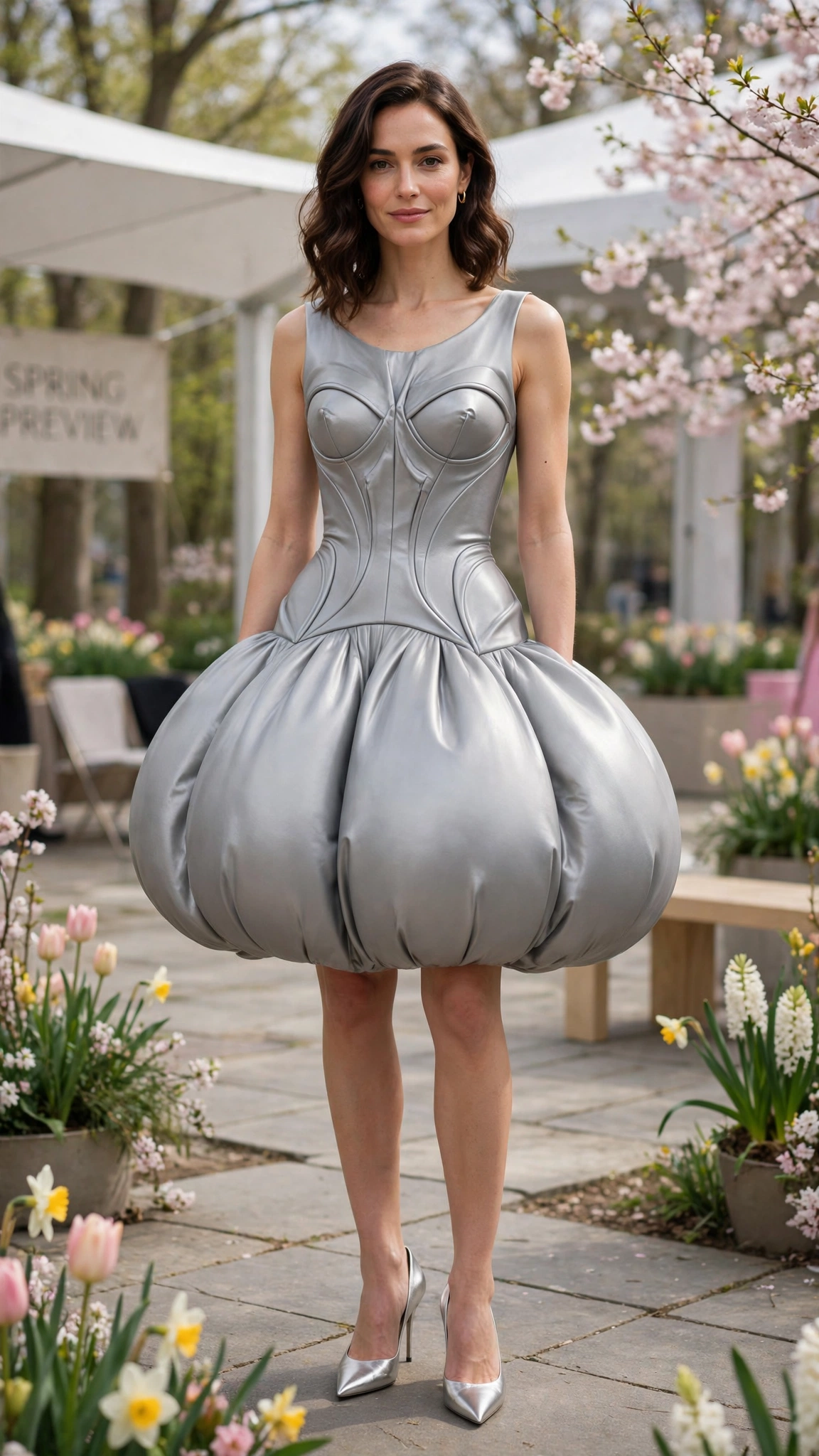 Silver Grey Bubble Shape Outfit with a sculpted bodice and pointed pumps