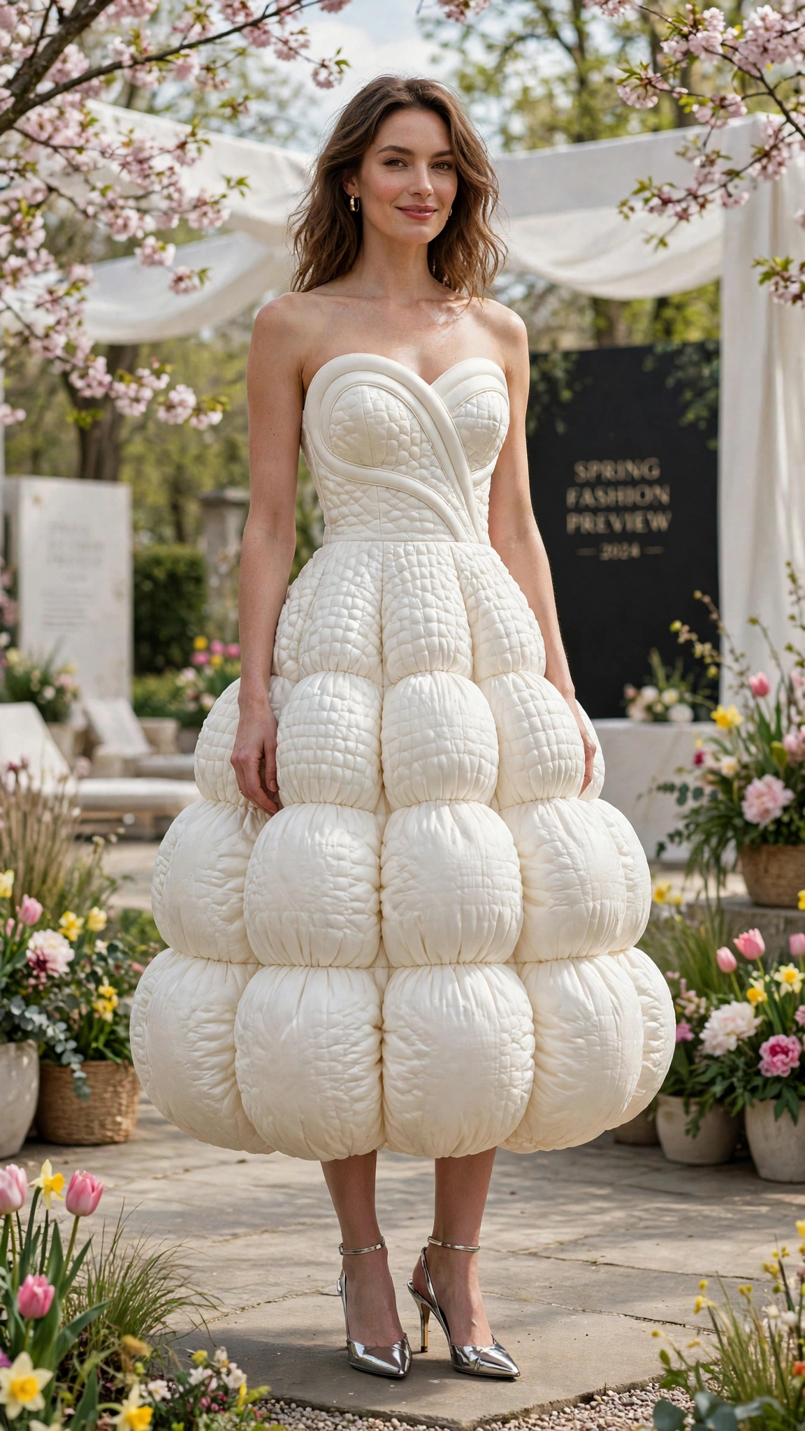 Ivory Bubble Shape Outfit with a curved bodice and metallic heels