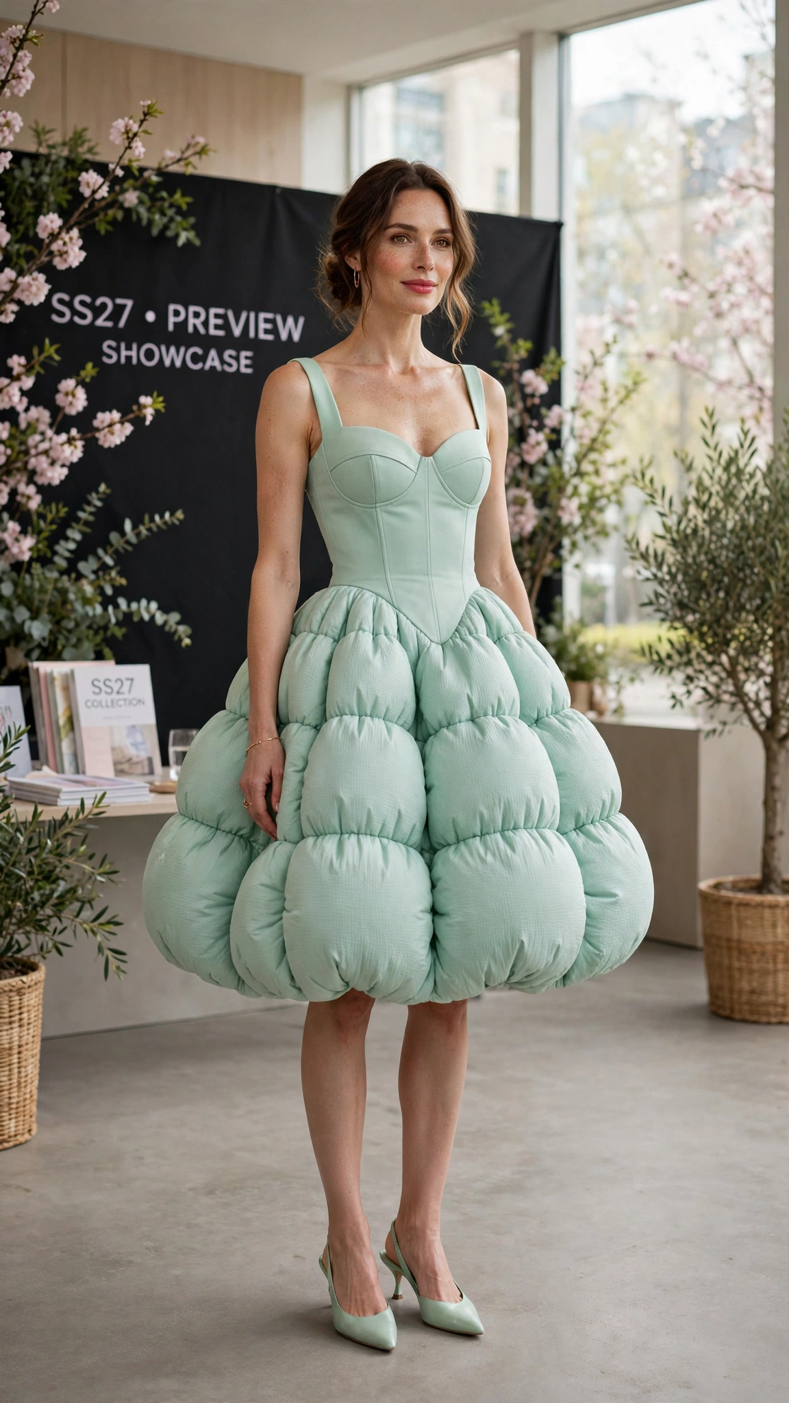 Mint Bubble Shape Outfit with a structured bodice and kitten heels