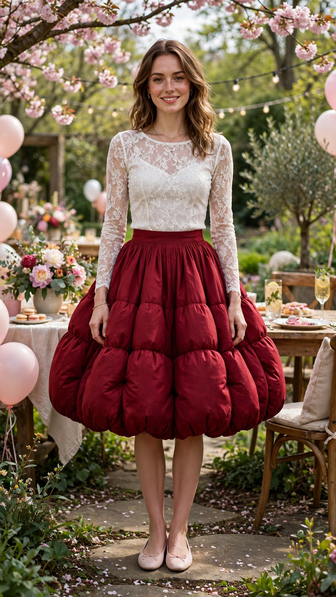 25 Bubble Skirt Outfits for Spring Parties That Are Fresh, Chic and Easy to Wear 2 Deep Red Bubble Skirt Outfit with a lace top and ballet flats