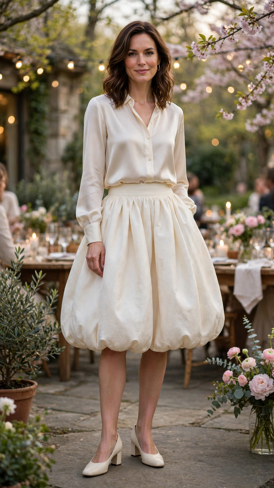 25 Bubble Skirt Outfits for Spring Parties That Are Fresh, Chic and Easy to Wear 3 Cream Bubble Skirt Outfit with a silk blouse and block heels