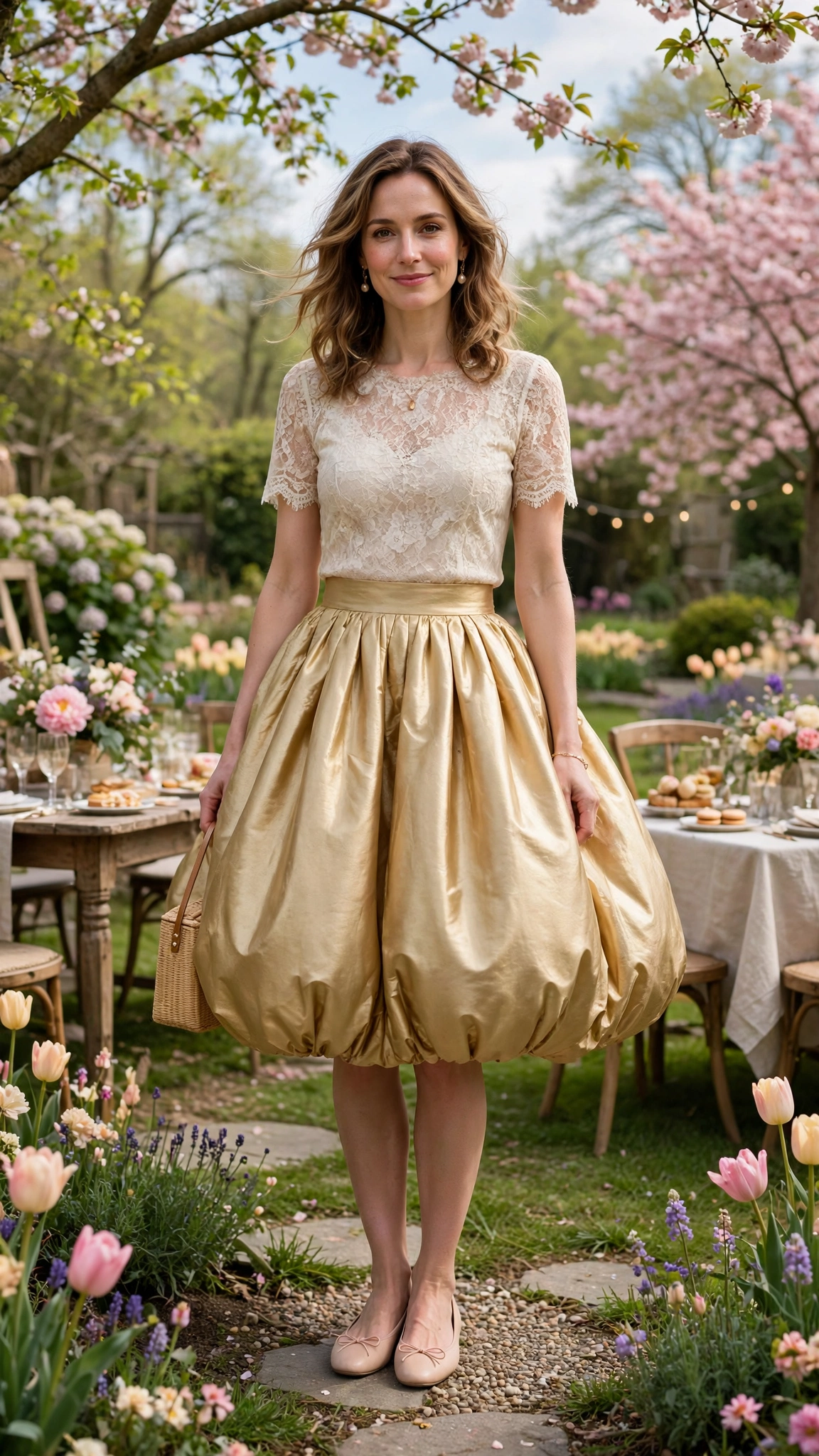 25 Bubble Skirt Outfits for Spring Parties That Are Fresh, Chic and Easy to Wear 4 Gold Bubble Skirt Outfit with a lace top and ballet flats