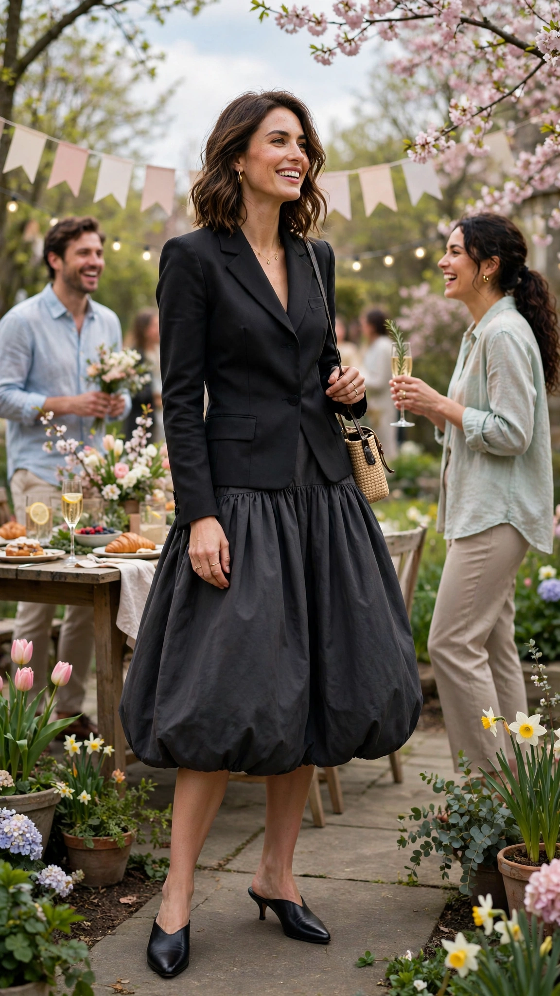 25 Bubble Skirt Outfits for Spring Parties That Are Fresh, Chic and Easy to Wear 5 Charcoal Bubble Skirt Outfit with a tailored top and mules