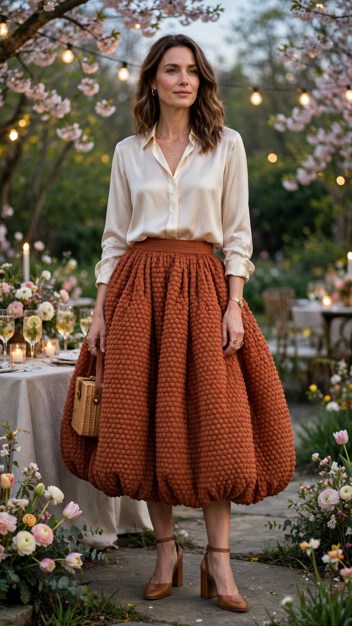 25 Bubble Skirt Outfits for Spring Parties That Are Fresh, Chic and Easy to Wear 6 Rust Bubble Skirt Outfit with a silk blouse and block heels