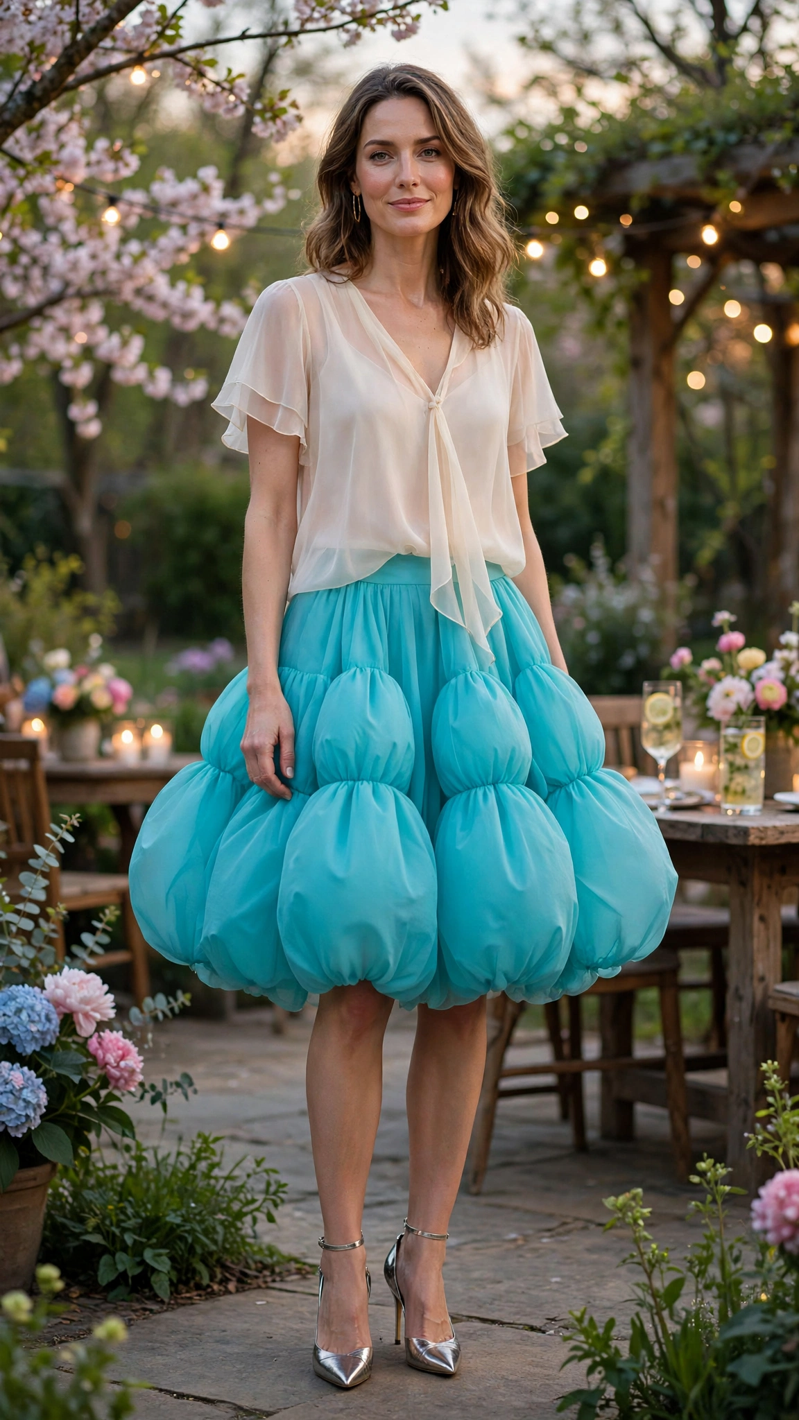 25 Bubble Skirt Outfits for Spring Parties That Are Fresh, Chic and Easy to Wear 8 Turquoise Bubble Skirt Outfit with a chiffon top and metallic heels