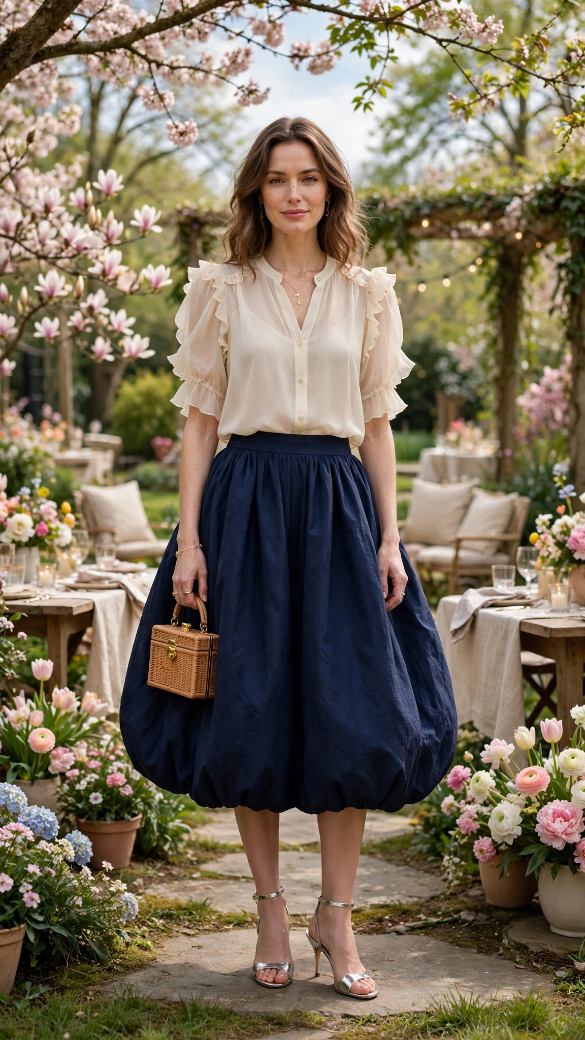 25 Bubble Skirt Outfits for Spring Parties That Are Fresh, Chic and Easy to Wear 9 Navy Bubble Skirt Outfit with a chiffon top and metallic heels