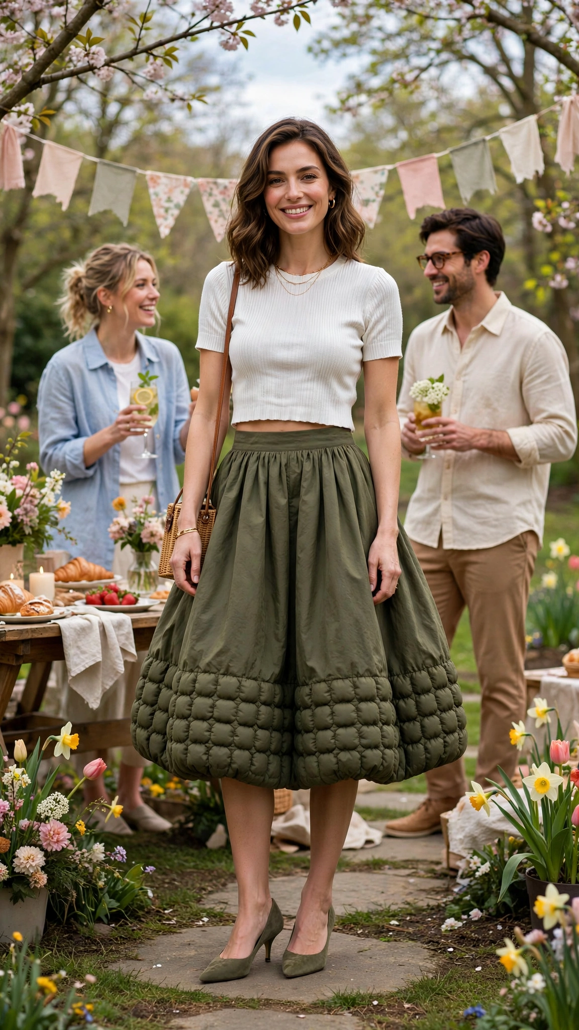 25 Bubble Skirt Outfits for Spring Parties That Are Fresh, Chic and Easy to Wear 10 Olive Bubble Skirt Outfit with a cropped top and kitten heels
