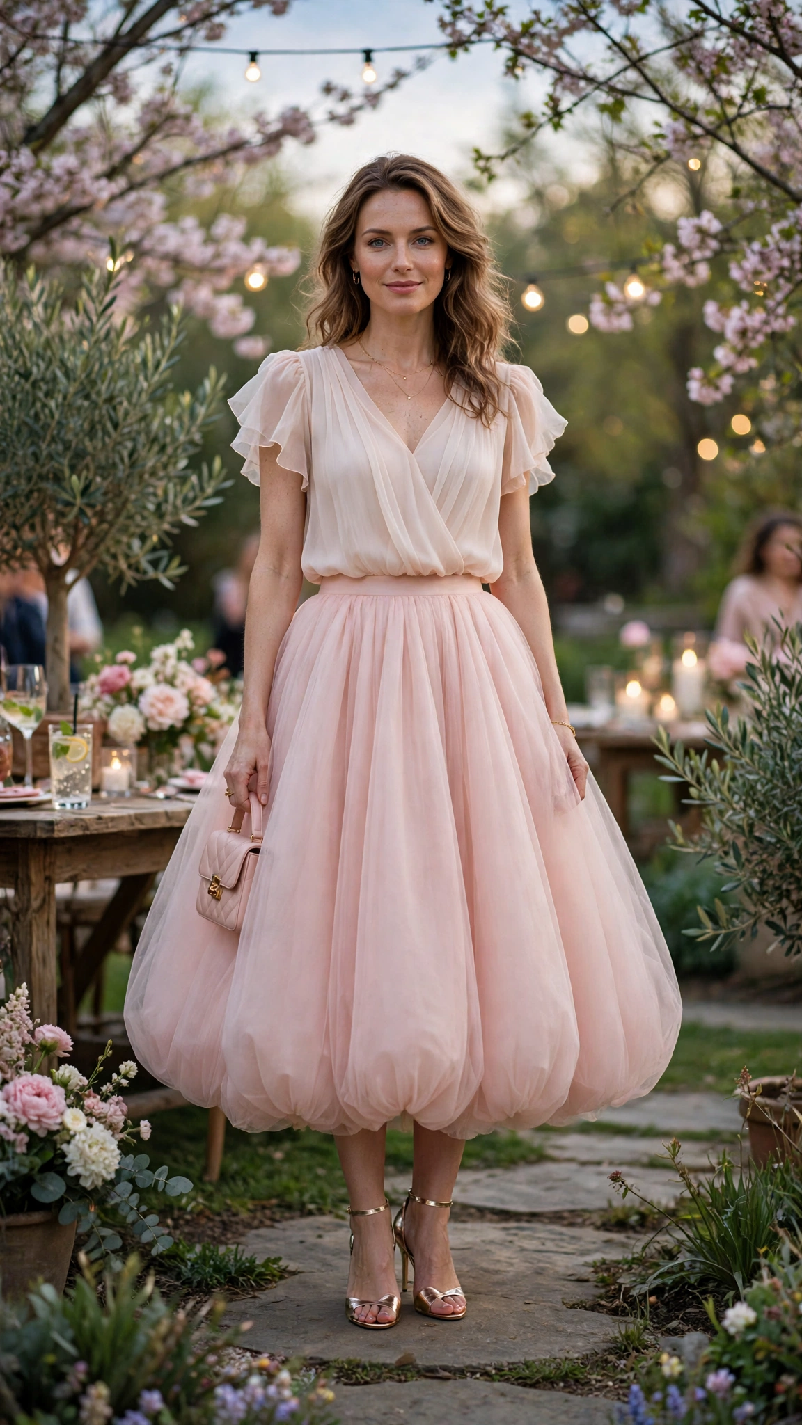 25 Bubble Skirt Outfits for Spring Parties That Are Fresh, Chic and Easy to Wear 11 Blush Pink Bubble Skirt Outfit with a chiffon top and metallic heels