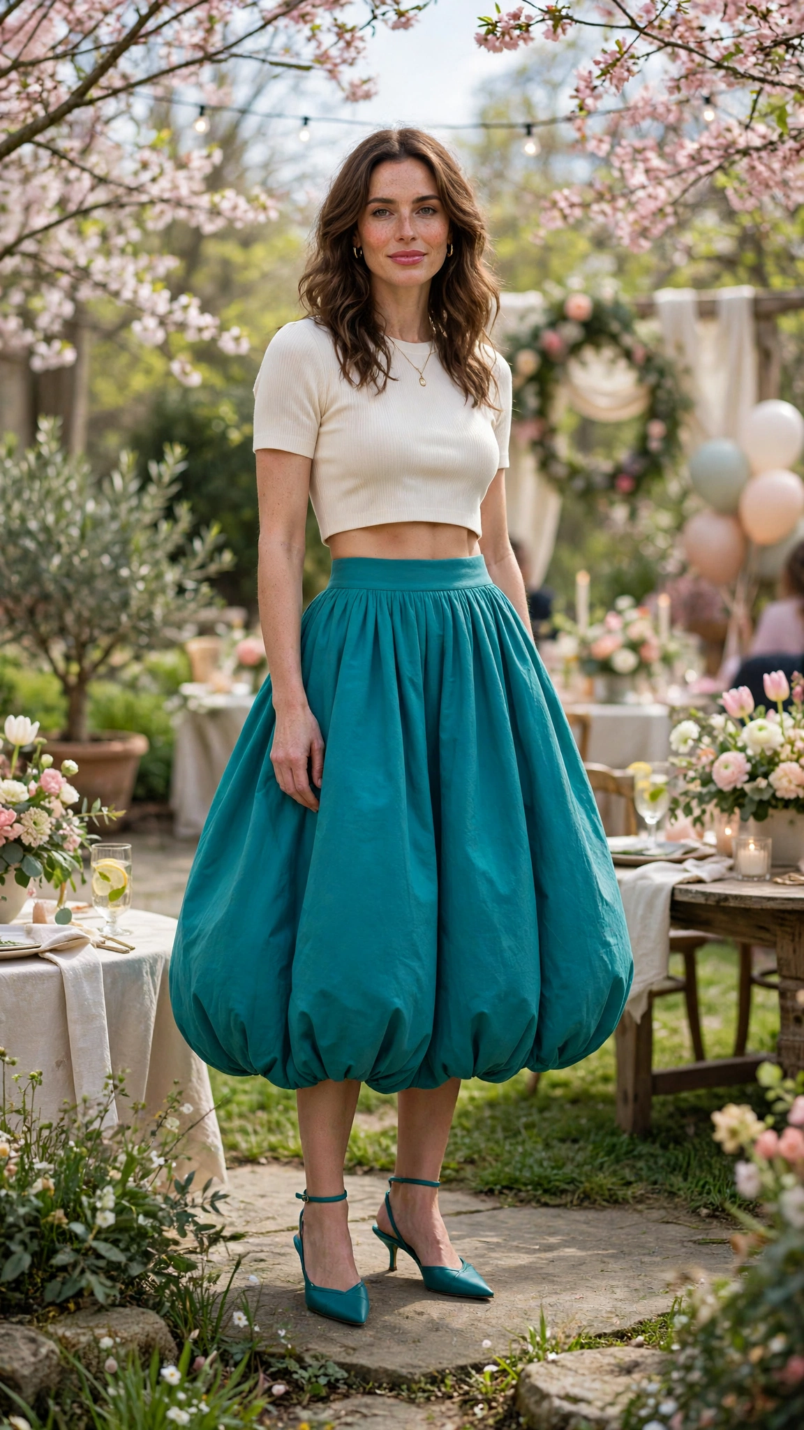 25 Bubble Skirt Outfits for Spring Parties That Are Fresh, Chic and Easy to Wear 12 Teal Bubble Skirt Outfit with a cropped top and kitten heels