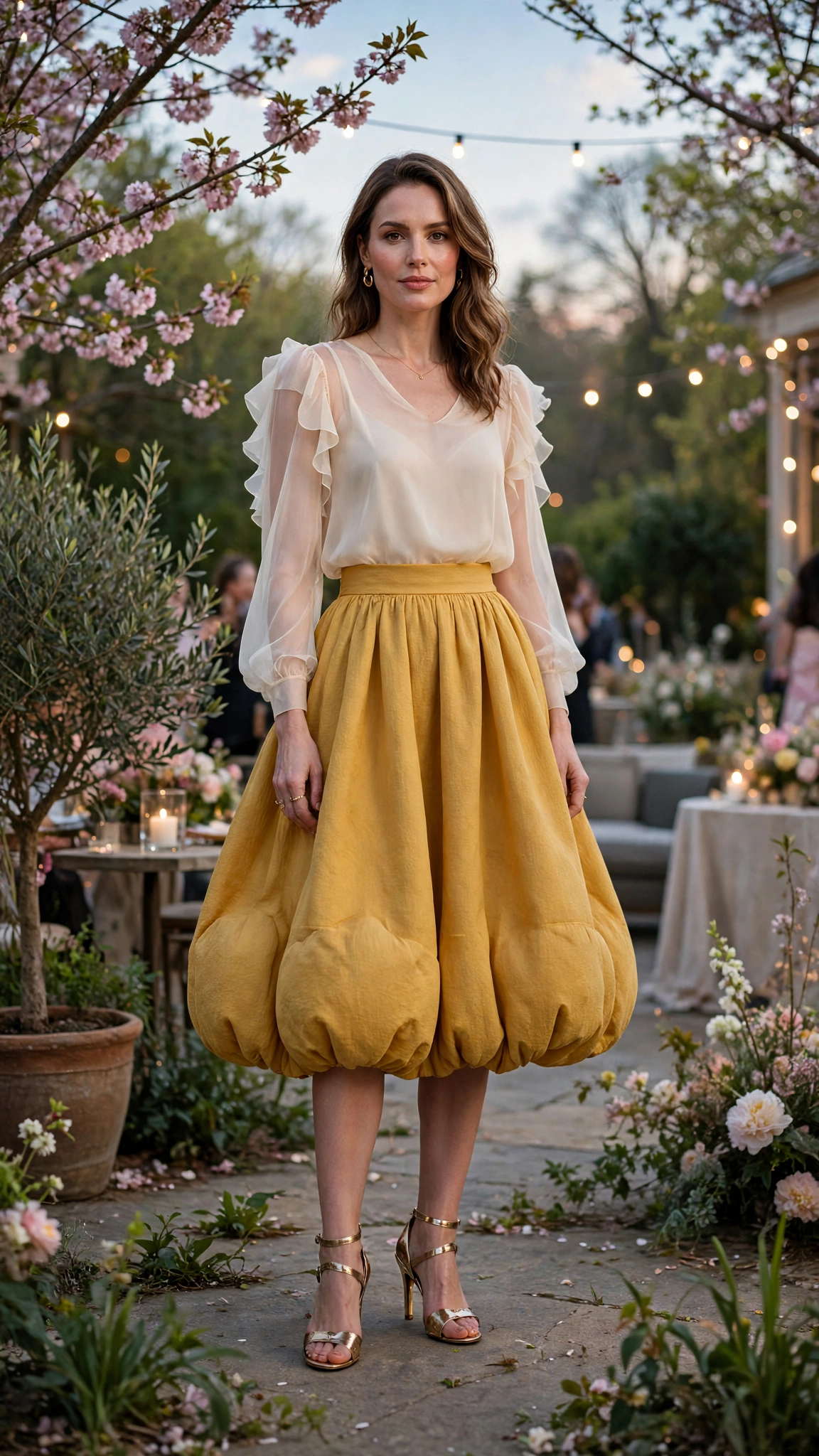 25 Bubble Skirt Outfits for Spring Parties That Are Fresh, Chic and Easy to Wear 13 Mustard Bubble Skirt Outfit with a chiffon top and metallic heels