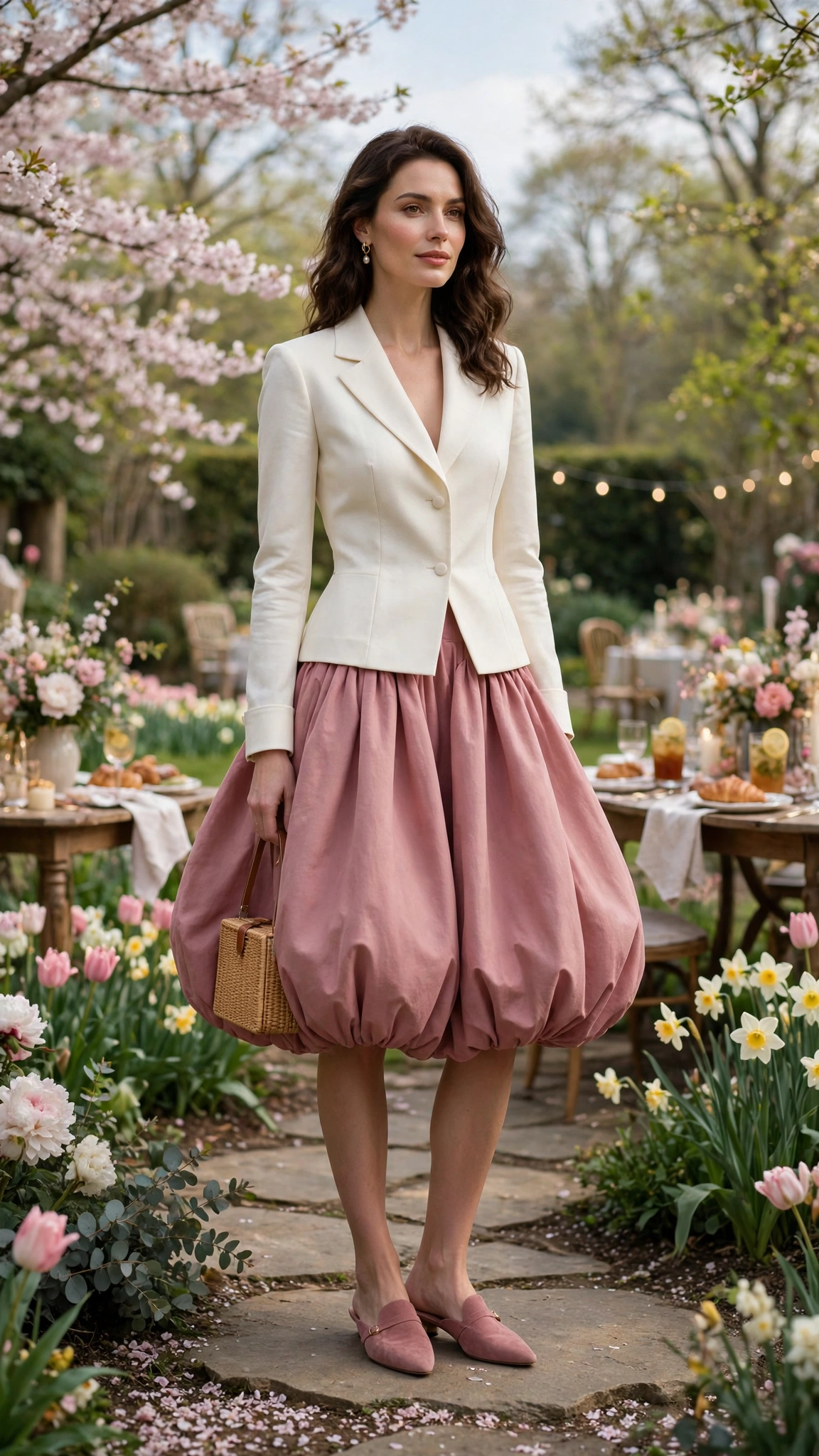 25 Bubble Skirt Outfits for Spring Parties That Are Fresh, Chic and Easy to Wear 14 Dusty Rose Bubble Skirt Outfit with a tailored top and mules