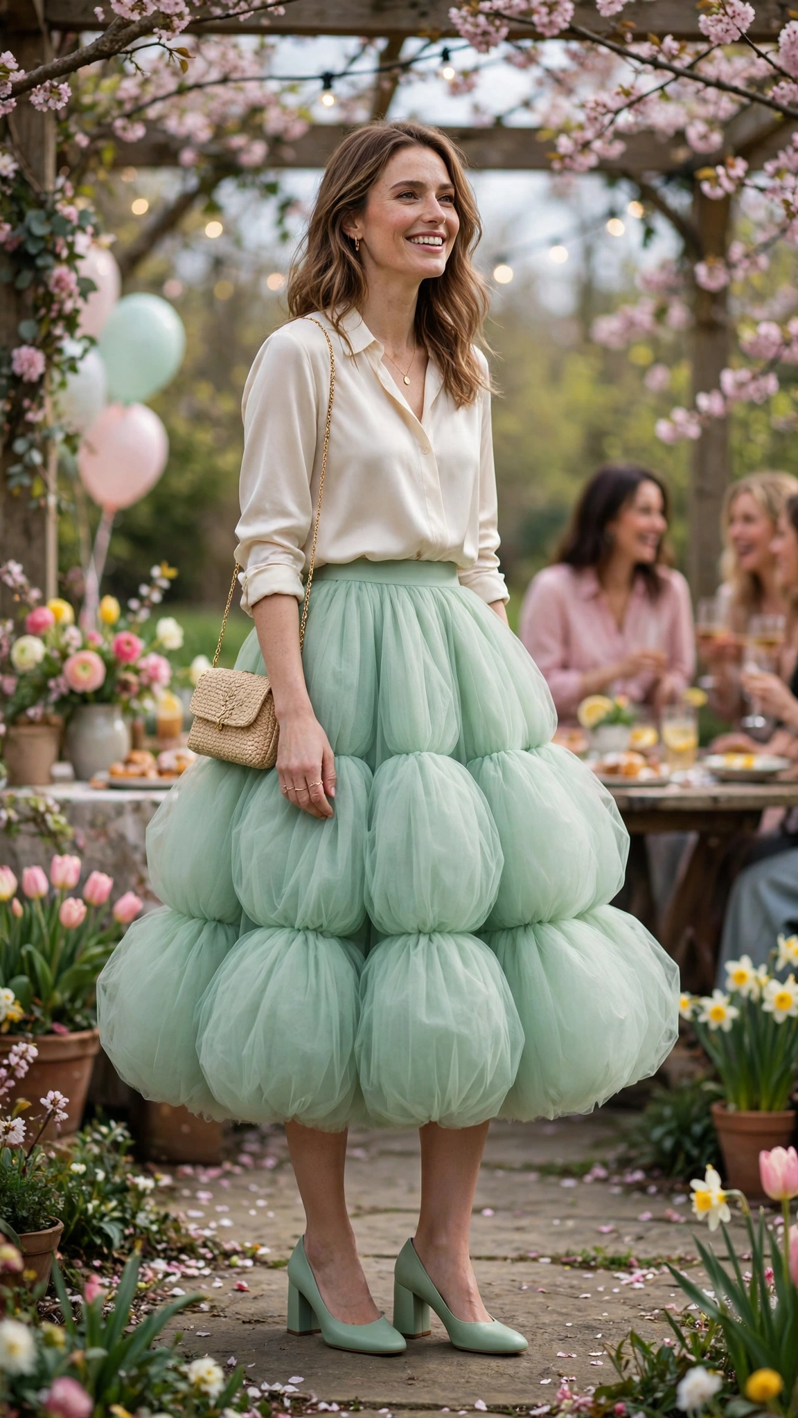 25 Bubble Skirt Outfits for Spring Parties That Are Fresh, Chic and Easy to Wear 15 Mint Bubble Skirt Outfit with a silk blouse and block heels