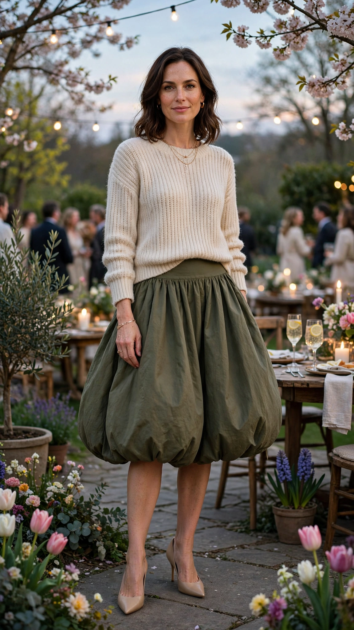 25 Bubble Skirt Outfits for Spring Parties That Are Fresh, Chic and Easy to Wear 16 Olive Bubble Skirt Outfit with a knit top and pointed pumps