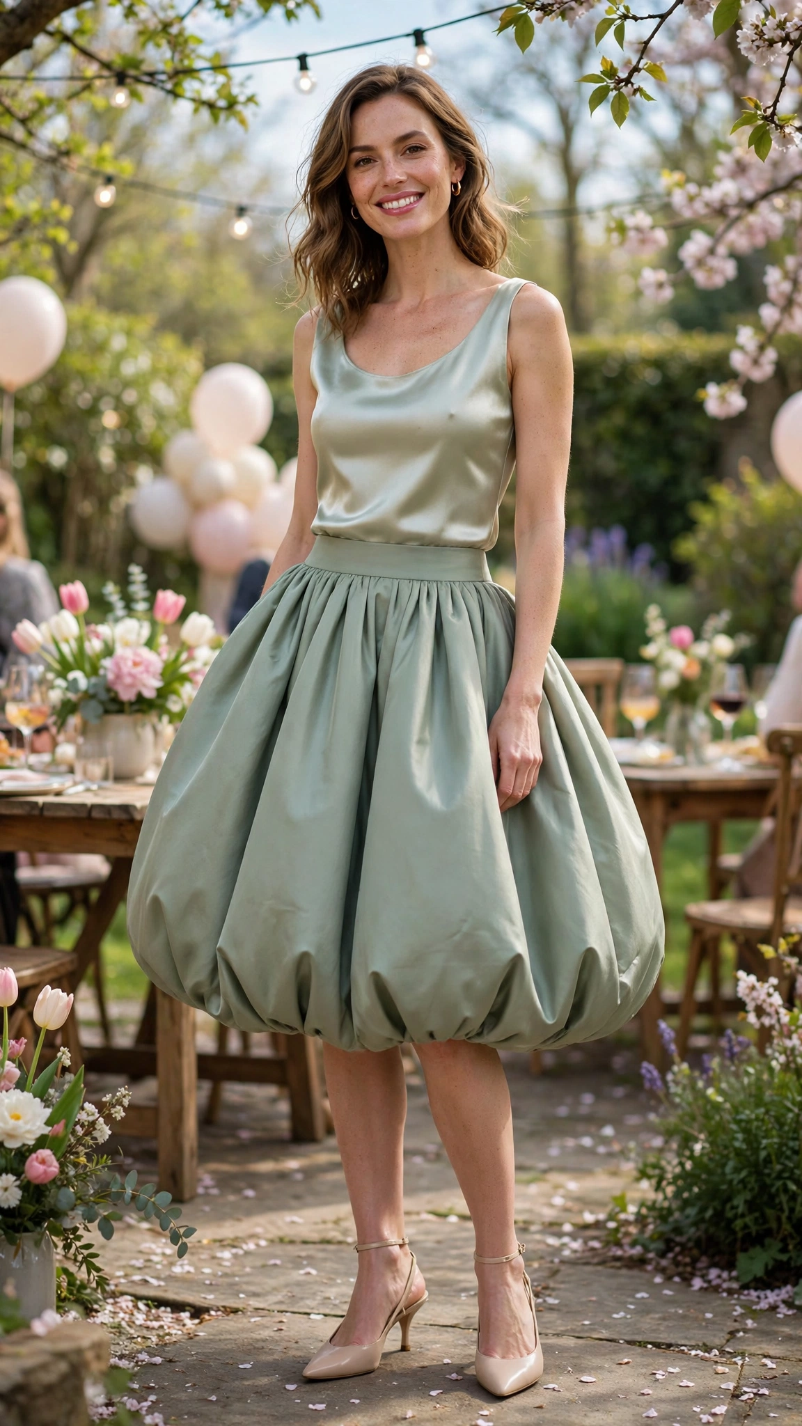 25 Bubble Skirt Outfits for Spring Parties That Are Fresh, Chic and Easy to Wear 17 Sage Green Bubble Skirt Outfit with a satin top and slingback heels