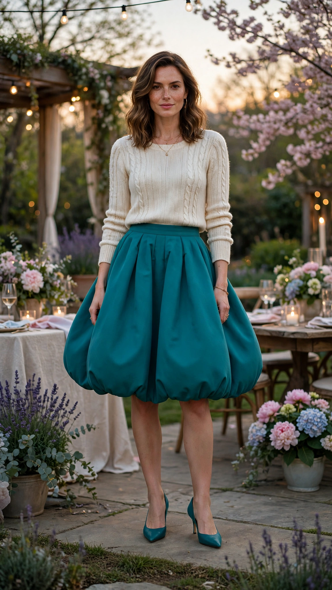 25 Bubble Skirt Outfits for Spring Parties That Are Fresh, Chic and Easy to Wear 18 Teal Bubble Skirt Outfit with a knit top and pointed pumps