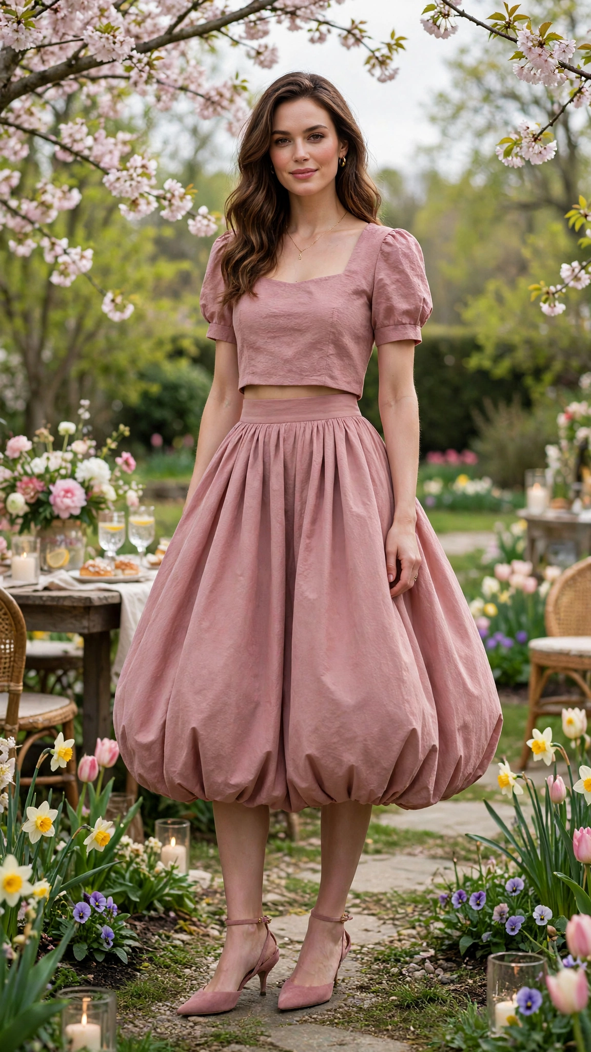 25 Bubble Skirt Outfits for Spring Parties That Are Fresh, Chic and Easy to Wear 19 Dusty Rose Bubble Skirt Outfit with a cropped top and kitten heels