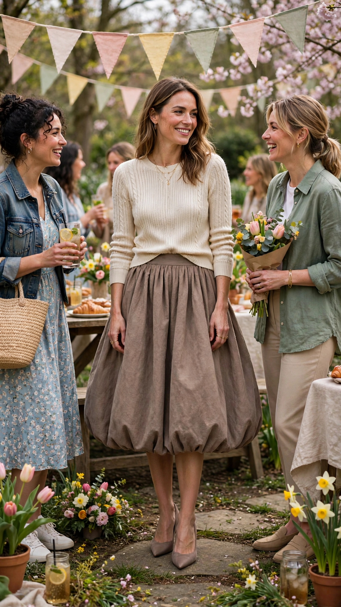 25 Bubble Skirt Outfits for Spring Parties That Are Fresh, Chic and Easy to Wear 20 Warm Taupe Bubble Skirt Outfit with a knit top and pointed pumps