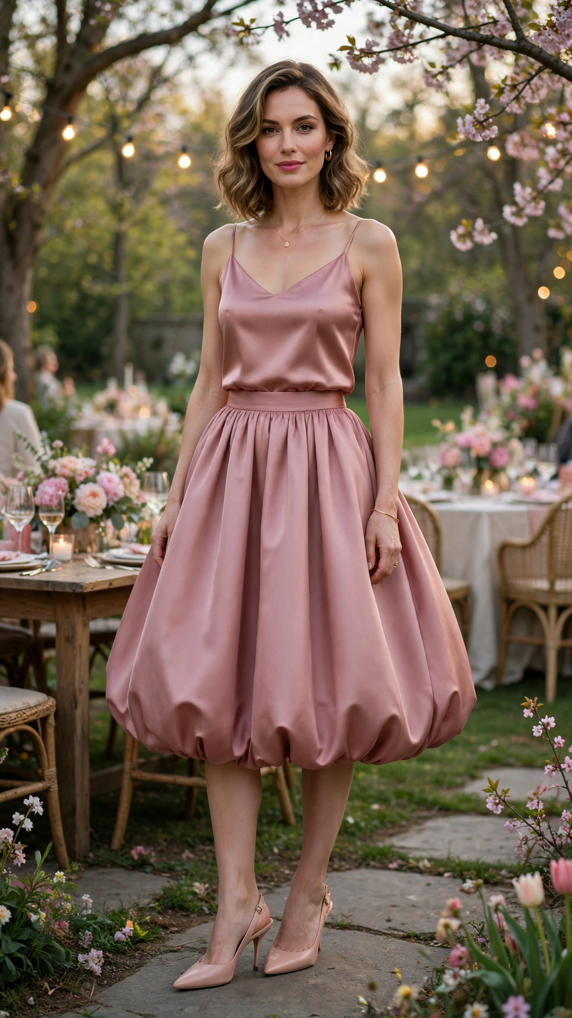 25 Bubble Skirt Outfits for Spring Parties That Are Fresh, Chic and Easy to Wear 21 Dusty Rose Bubble Skirt Outfit with a satin top and slingback heels