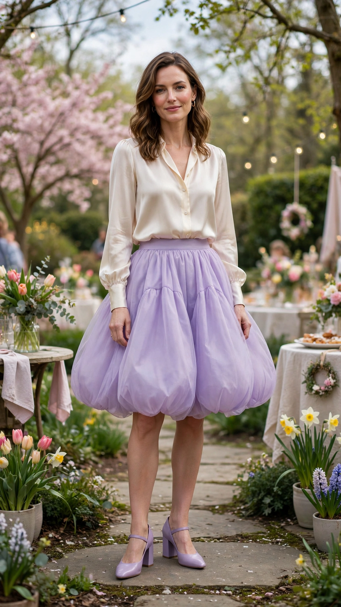 25 Bubble Skirt Outfits for Spring Parties That Are Fresh, Chic and Easy to Wear 22 Lavender Bubble Skirt Outfit with a silk blouse and block heels