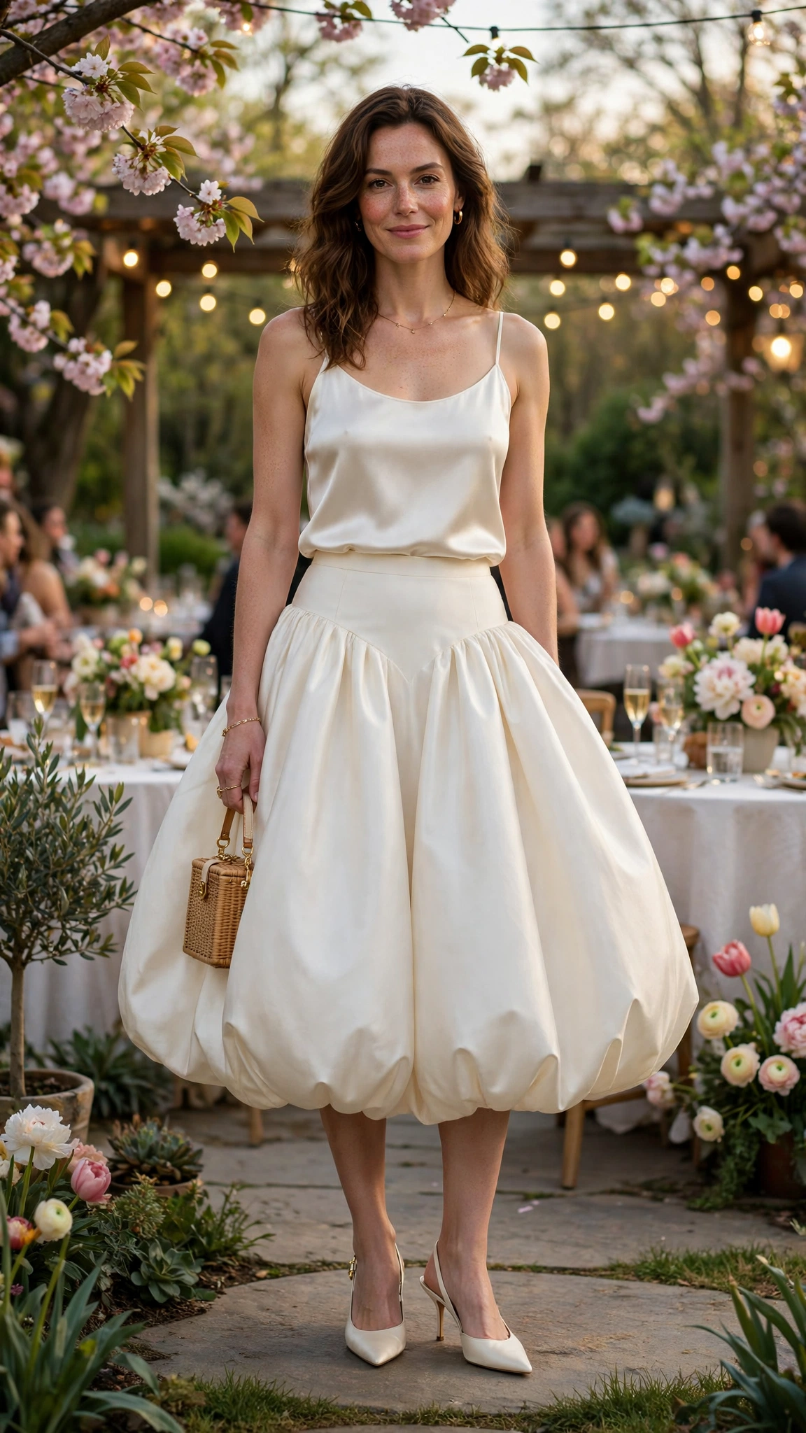 25 Bubble Skirt Outfits for Spring Parties That Are Fresh, Chic and Easy to Wear 23 Ivory Bubble Skirt Outfit with a satin top and slingback heels